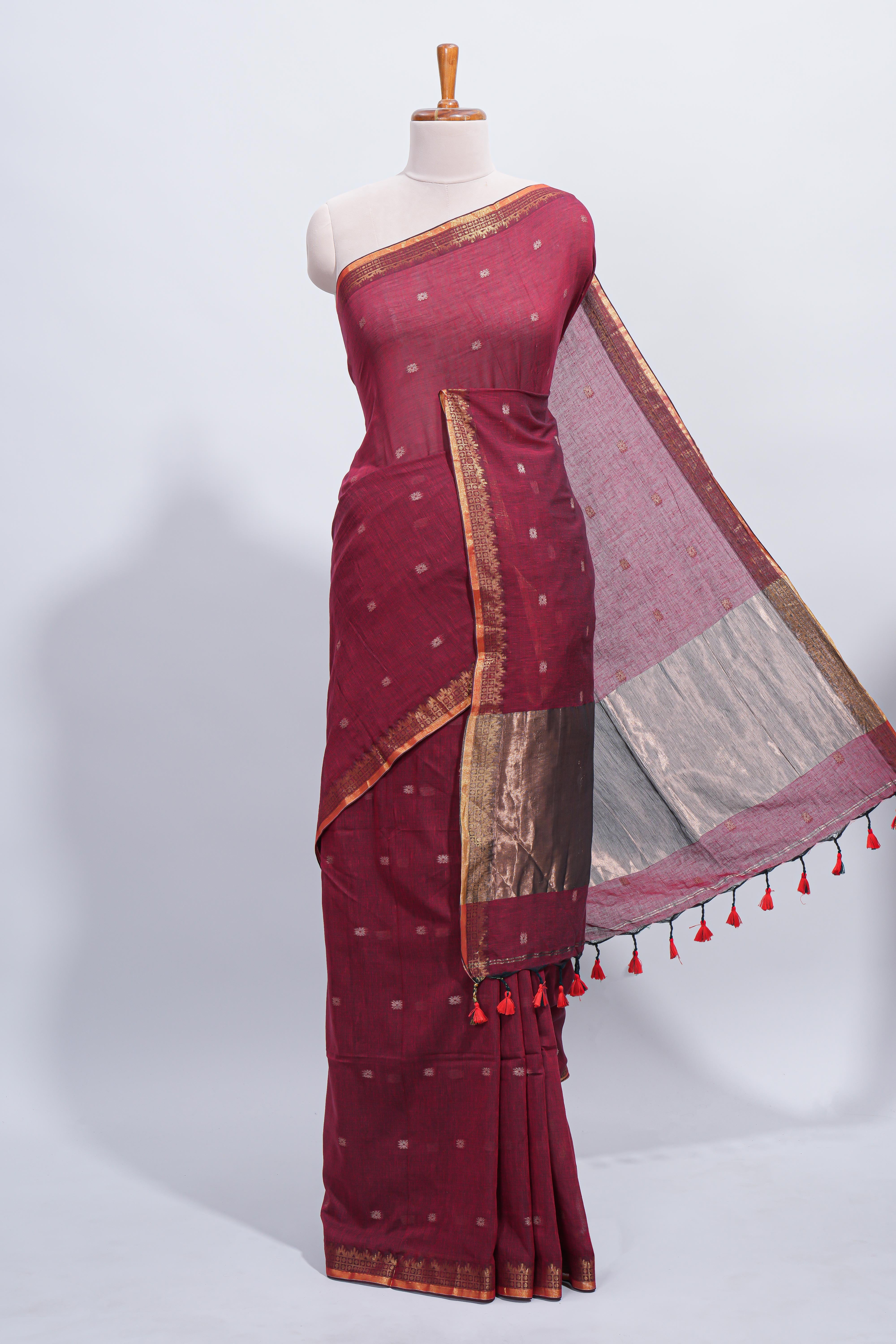 Maroon thread butta south cotton saree with self zari border and matching pallu