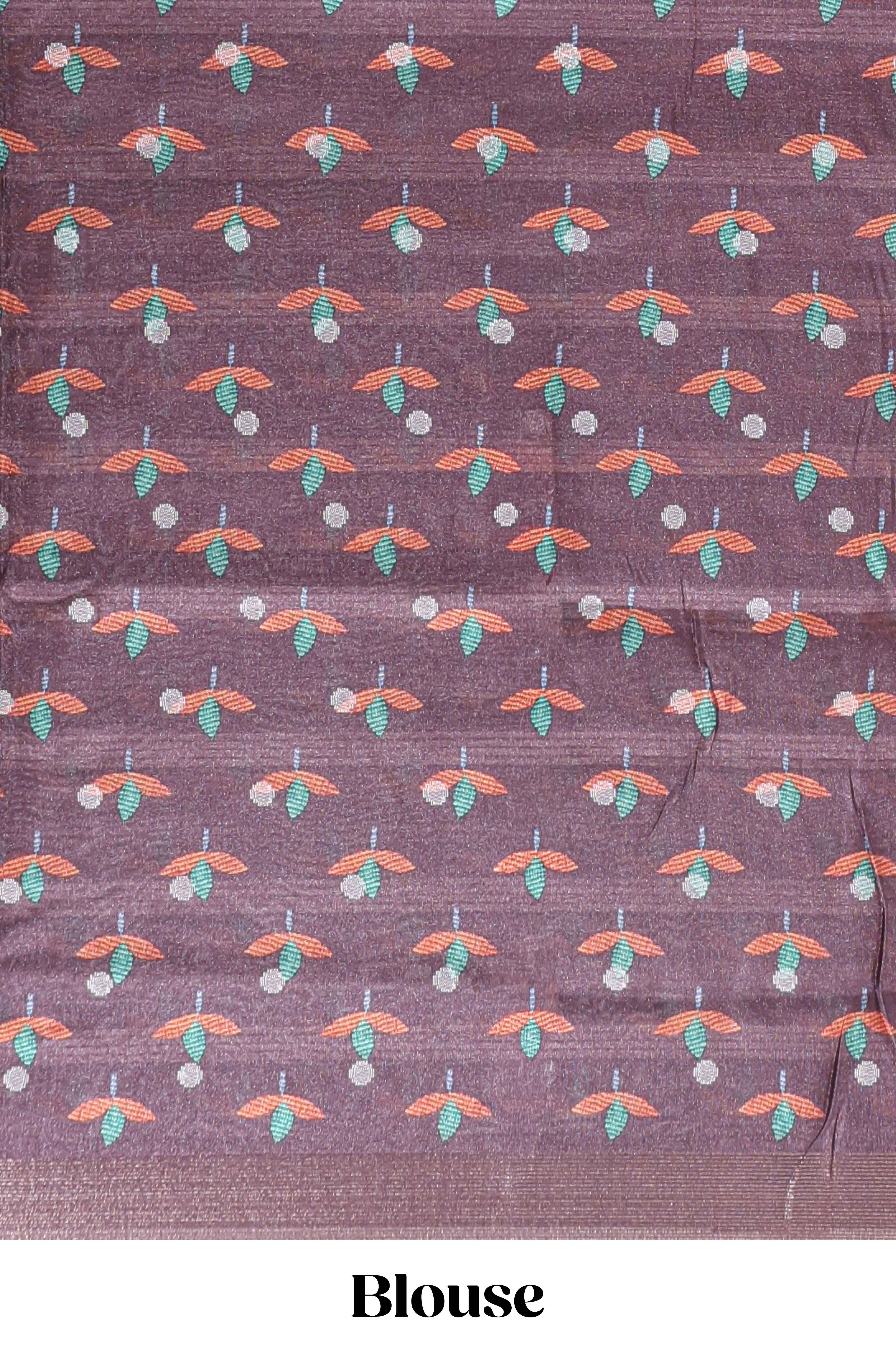 Violet Tussar Saree checkered body artistic floral prints and contrasting border with tassel along with blouse piece