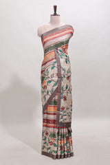 Multicolor Tussar Saree checkered body artistic floral prints and contrasting border with tassel along with blouse piece