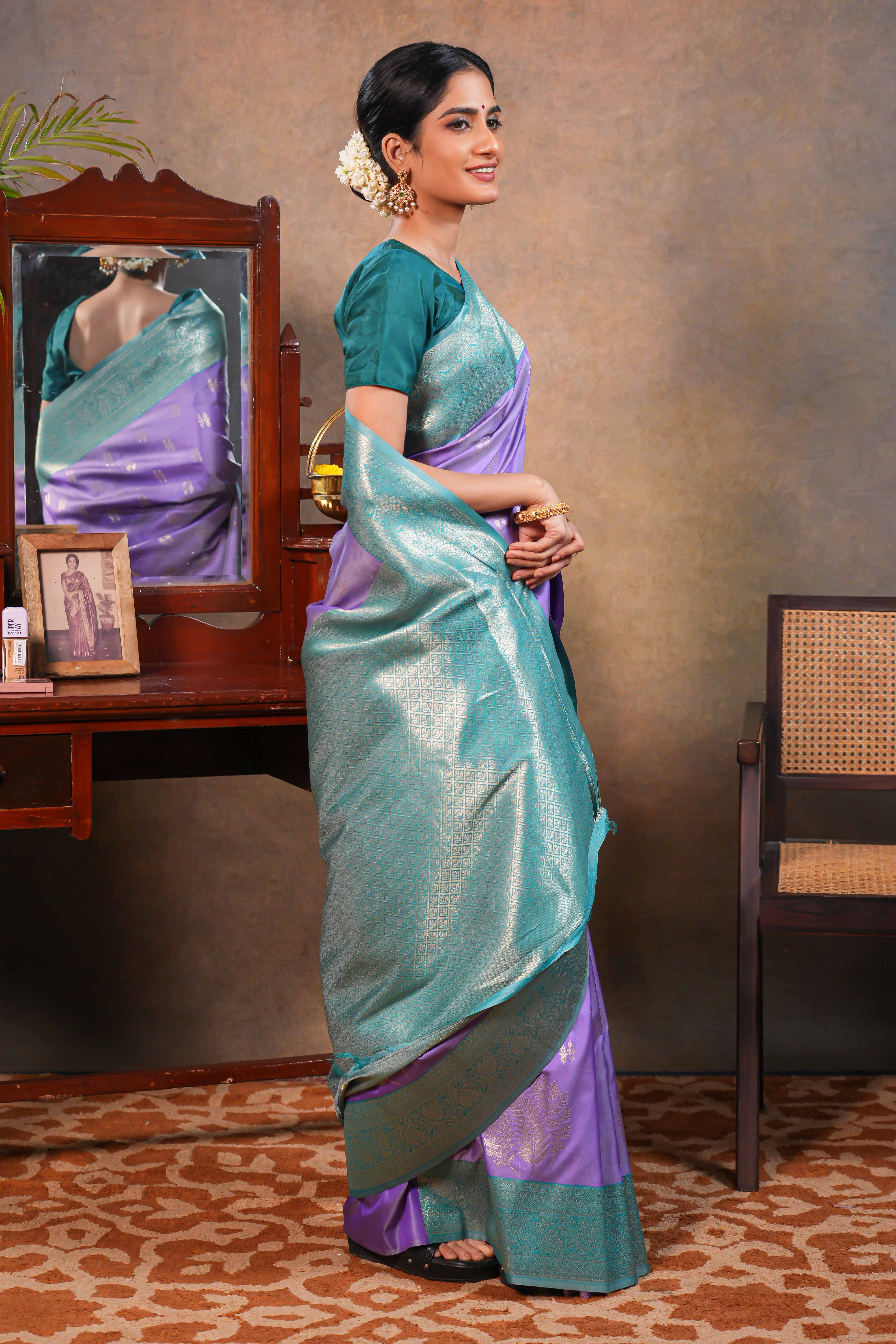 Lavender colour Semi soft Silk Saree Silver Zari Small Buttas design with Contrast Zari Border and Contrast Blouse