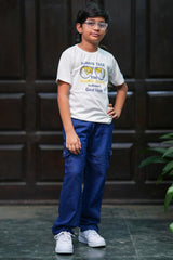 Boys Yellow & White Striped Cotton Shirt with White Printed T-Shirt and Blue Cargo Jeans Set