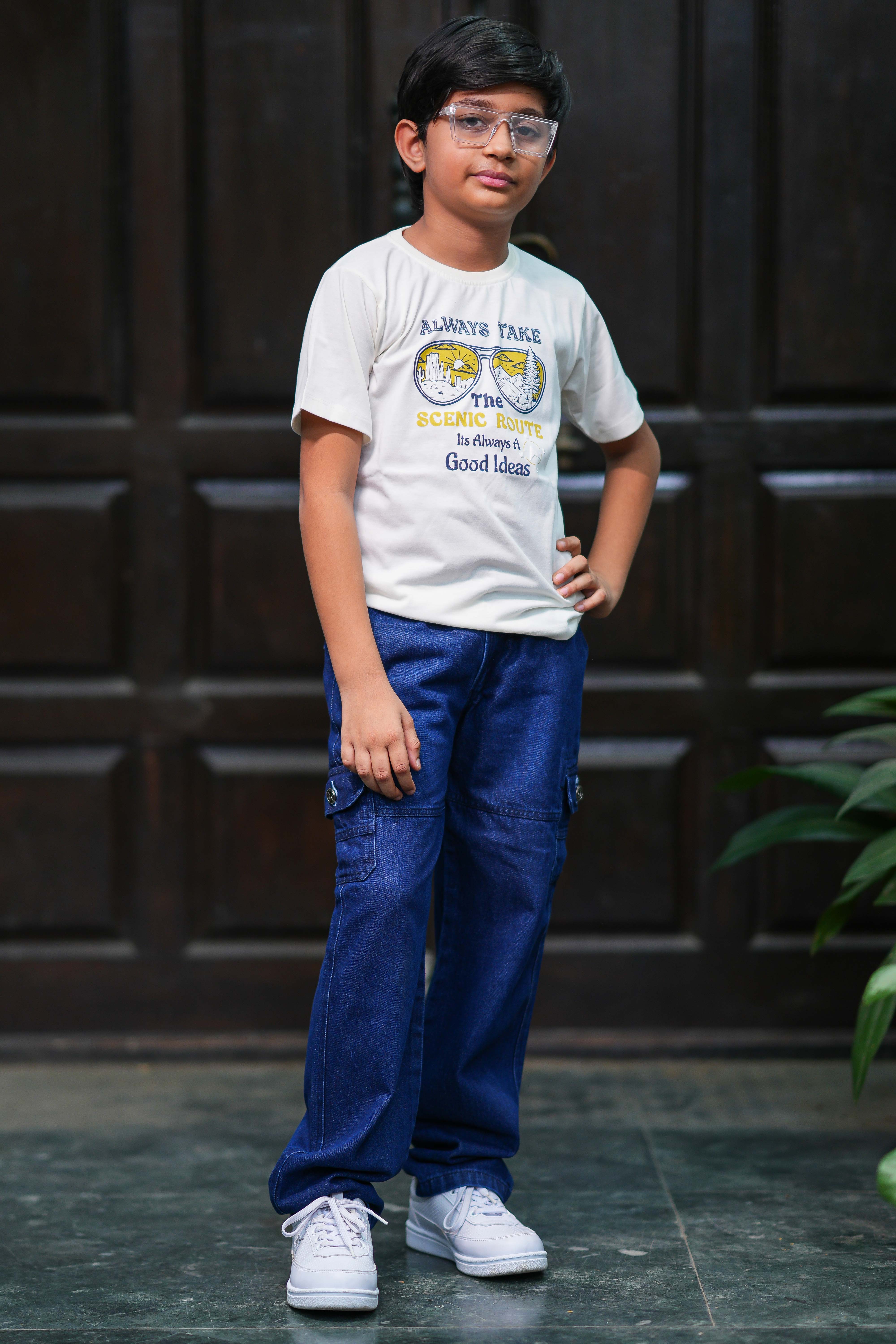 Boys Yellow & White Striped Cotton Shirt with White Printed T-Shirt and Blue Cargo Jeans Set