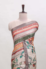 Multicolor Tussar Saree checkered body artistic floral prints and contrasting border with tassel along with blouse piece