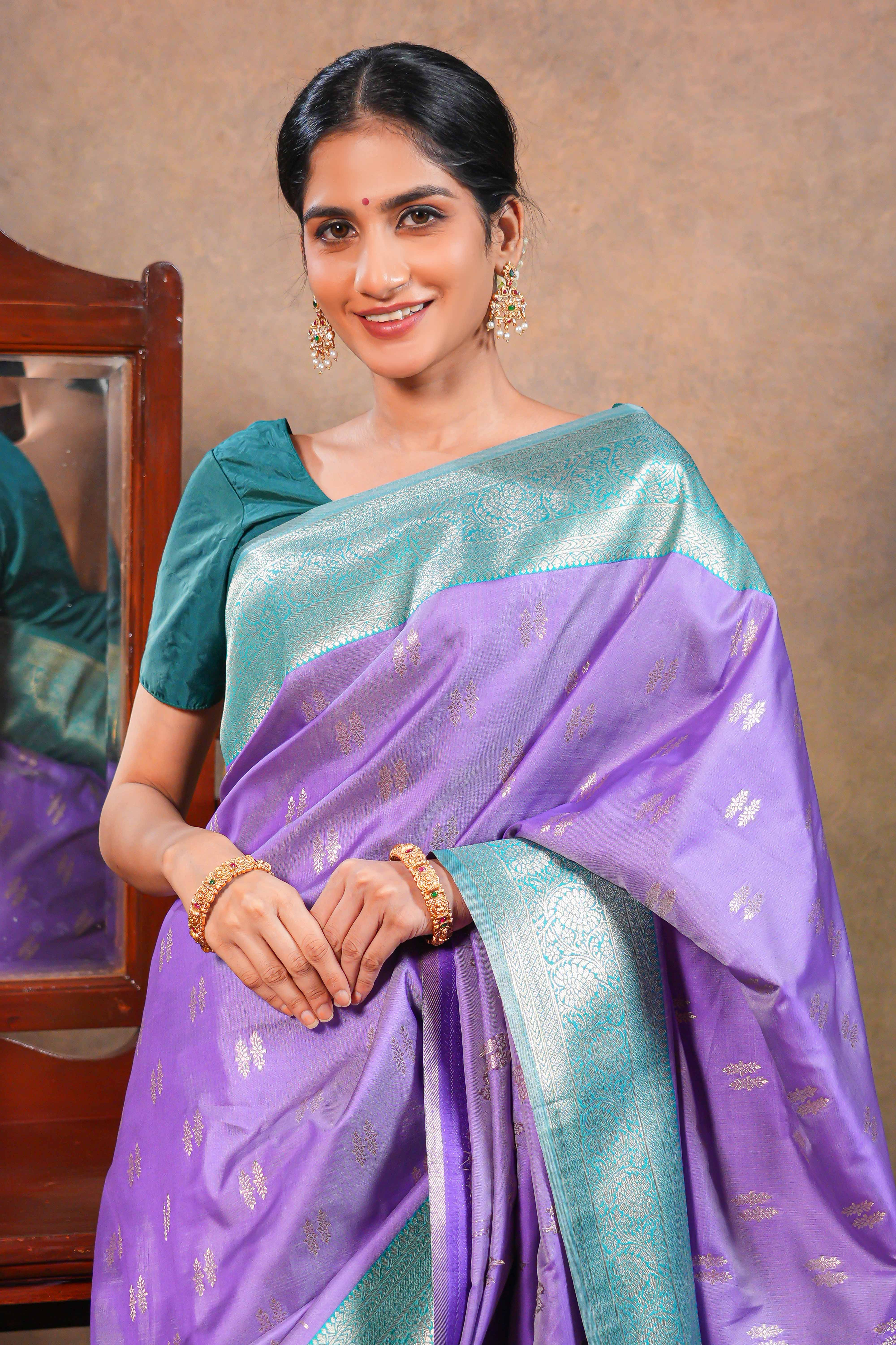Lavender colour Semi soft Silk Saree Silver Zari Small Buttas design with Contrast Zari Border and Contrast Blouse