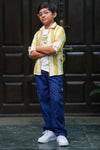 Boys Yellow & White Striped Cotton Shirt with White Printed T-Shirt and Blue Cargo Jeans Set