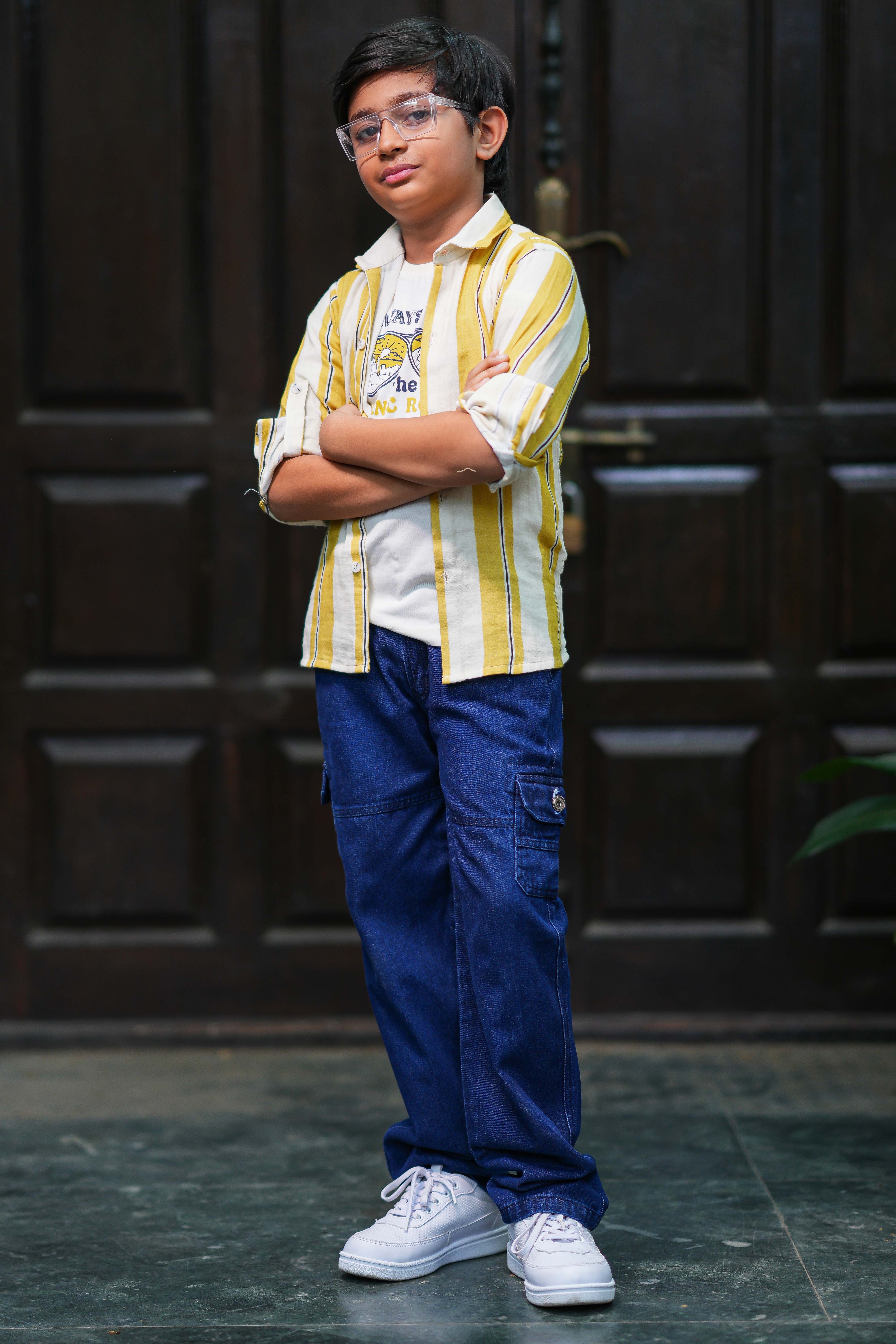 Boys Yellow & White Striped Cotton Shirt with White Printed T-Shirt and Blue Cargo Jeans Set