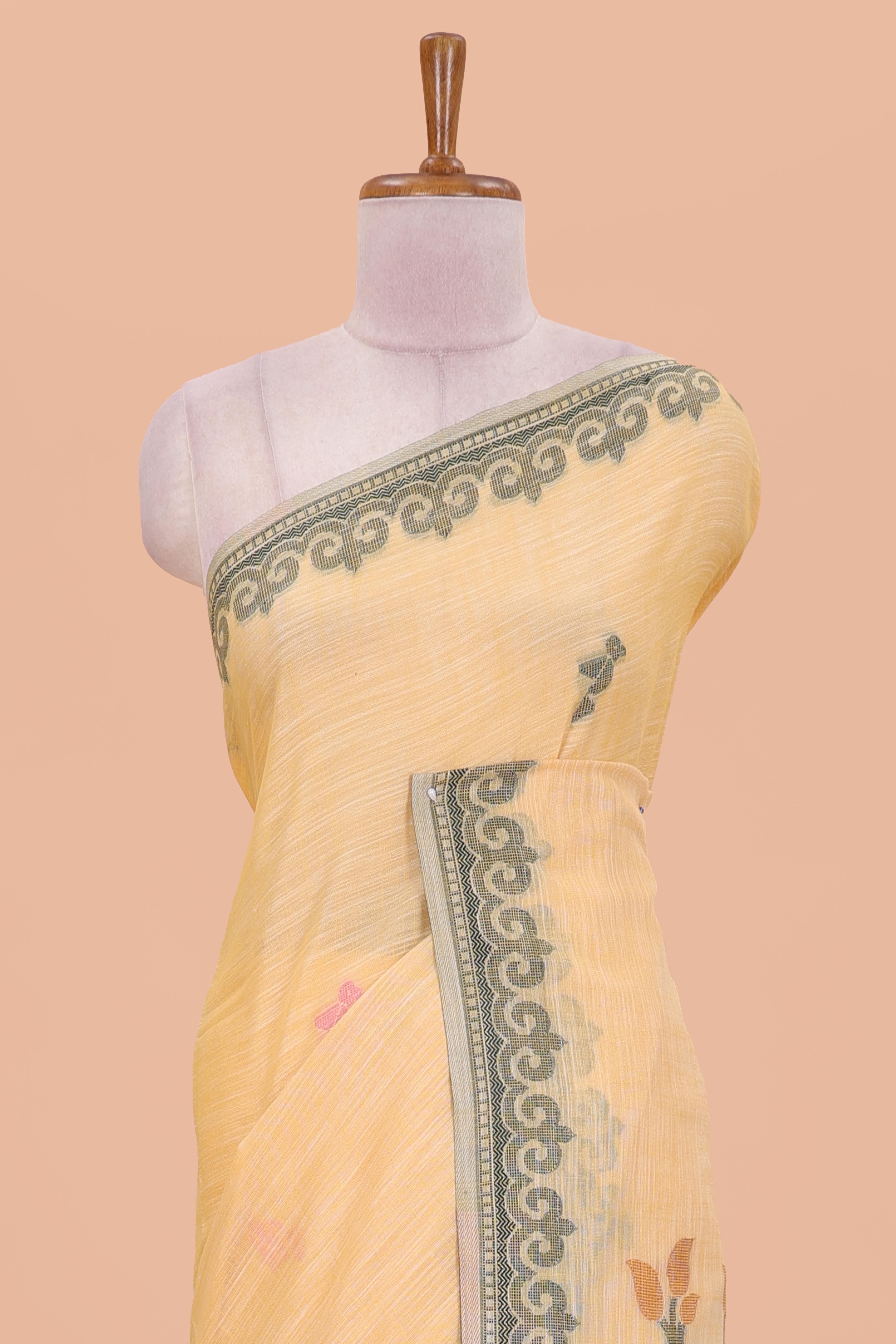 Sandal birds motifs linen cotton saree with self border and matchin blouse