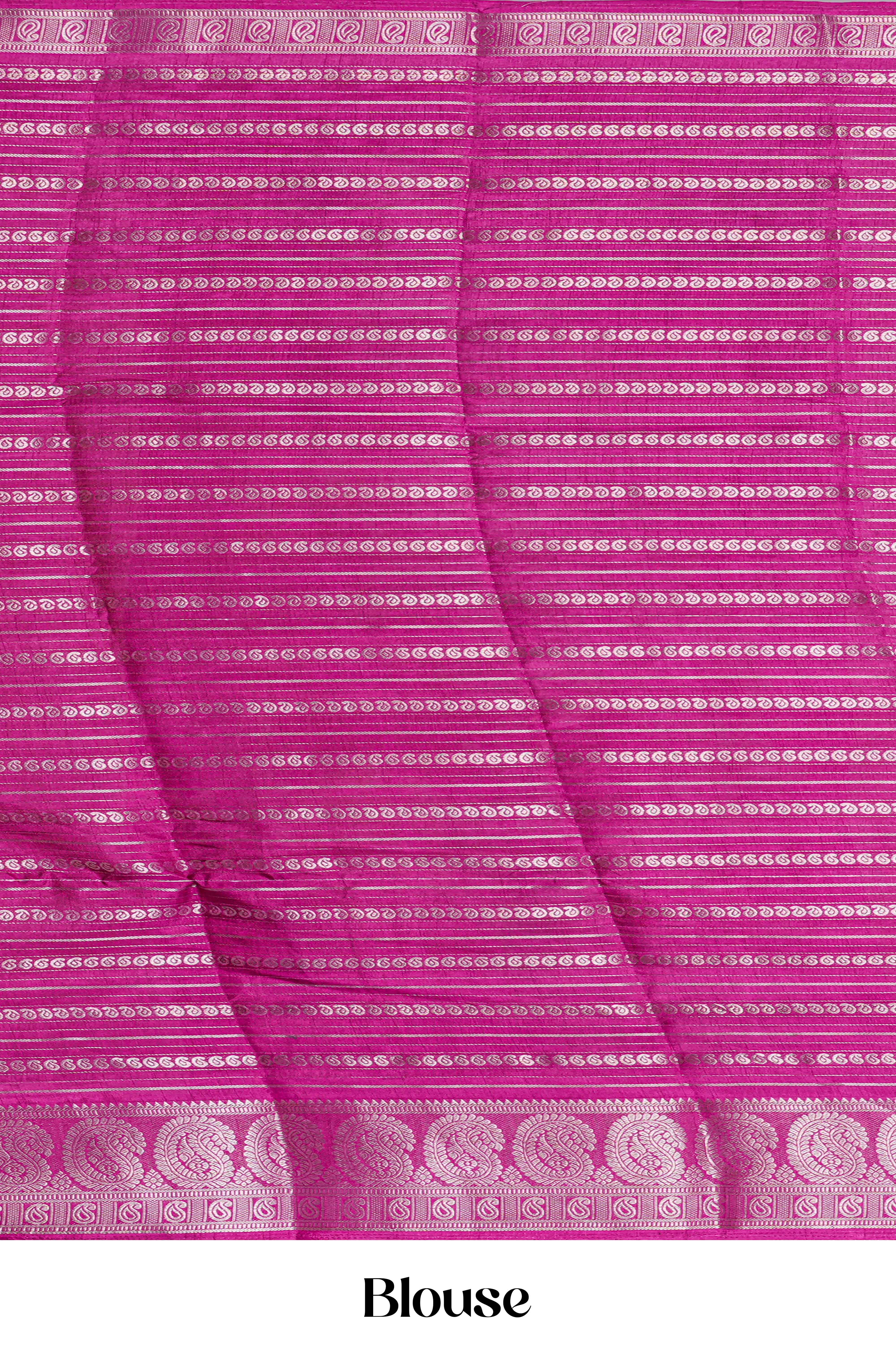 Yellow Semi Banarasi Dola Silk Saree Golden Zari Mango Motifs With Stripes Across The Body. Contrast Jacquard Border ,Pallu Floral Design Along With Contrast Zari Stripes Weaving, Blouse