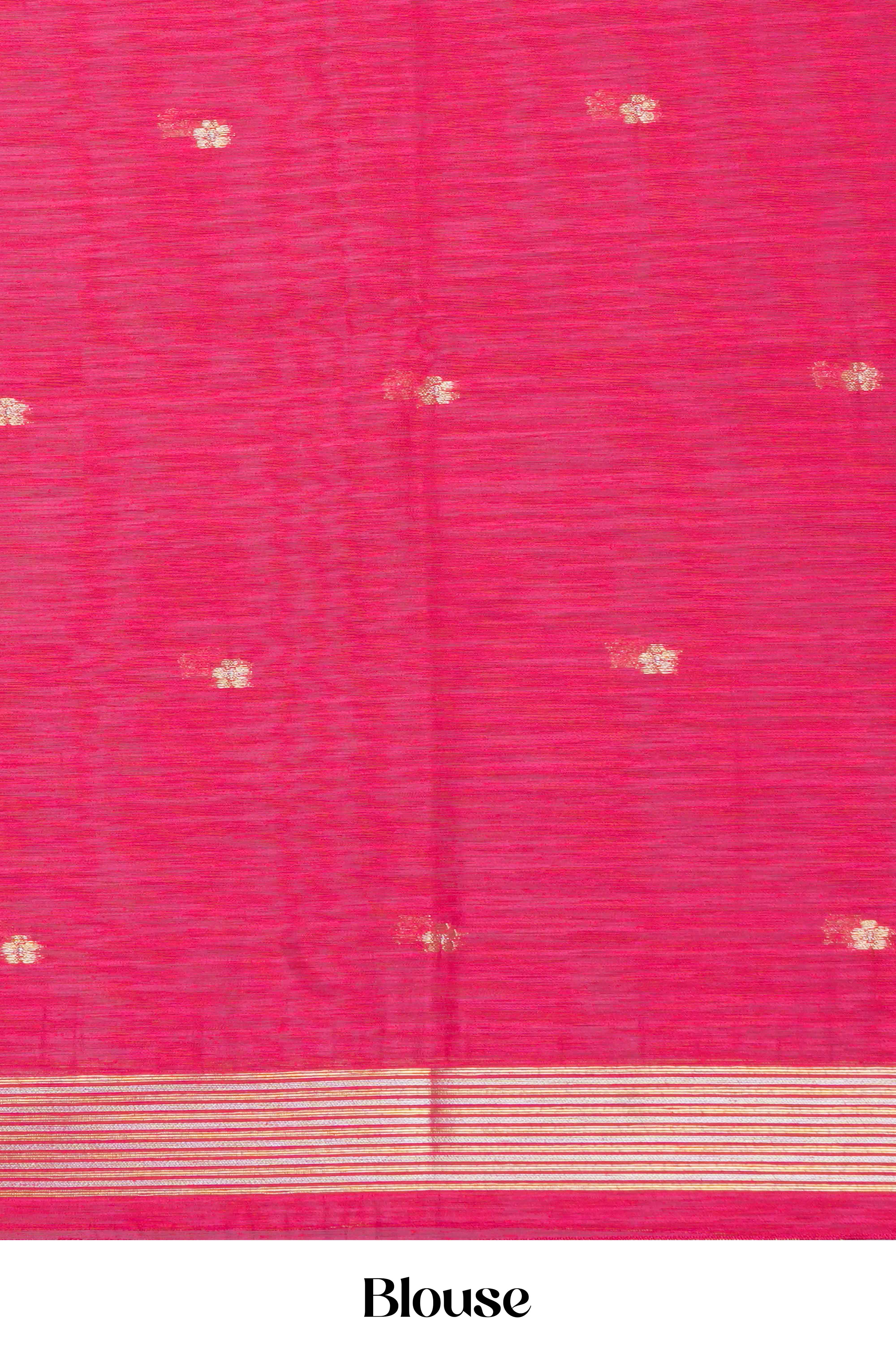 Pink Munga Cotton Zari Butta With Gold Zari Floral Design Pallu