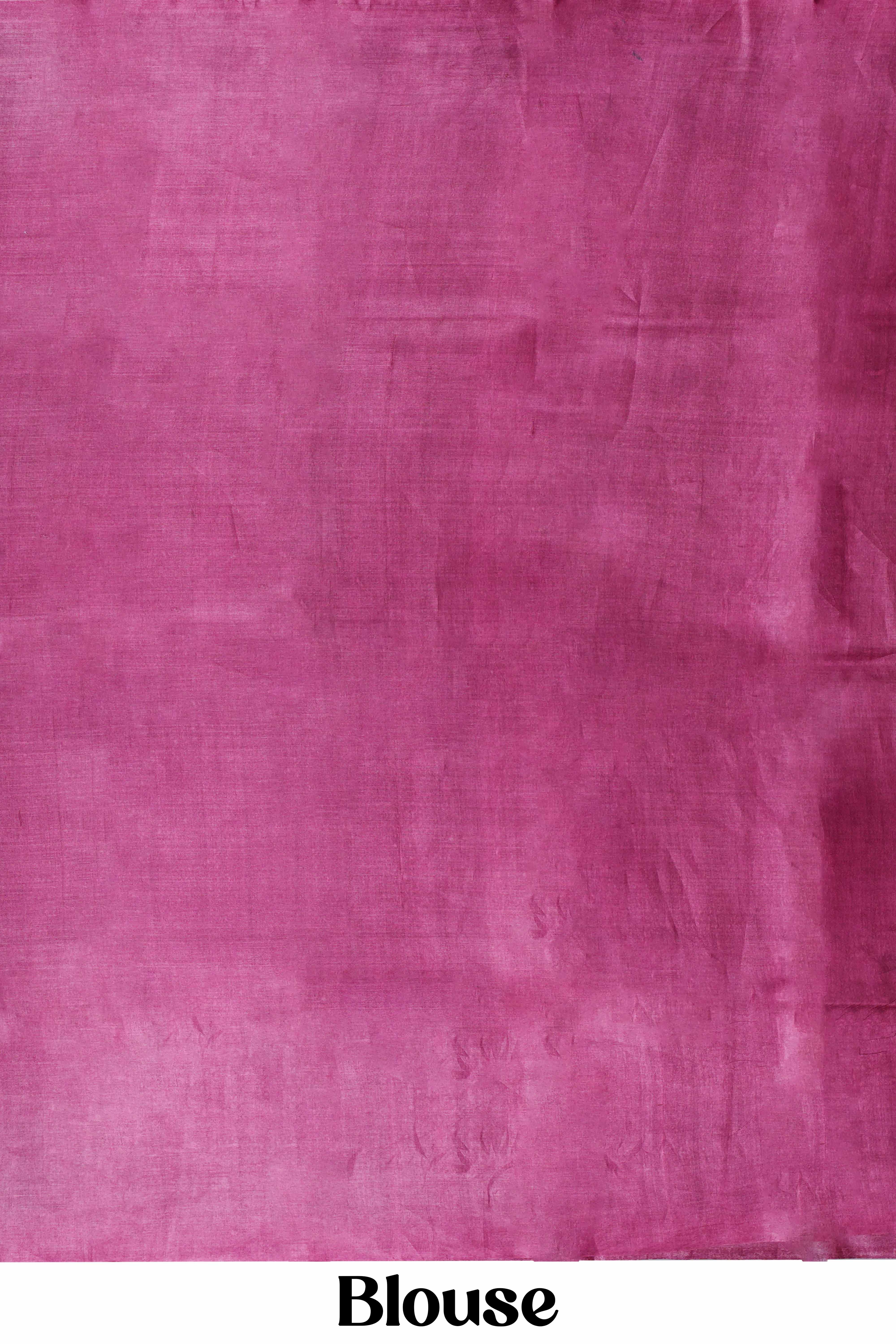 Magenta & Blue Pure Tussar Silk Printed Saree with Paisley & Geometric Motifs, Contrast Border & Pallu