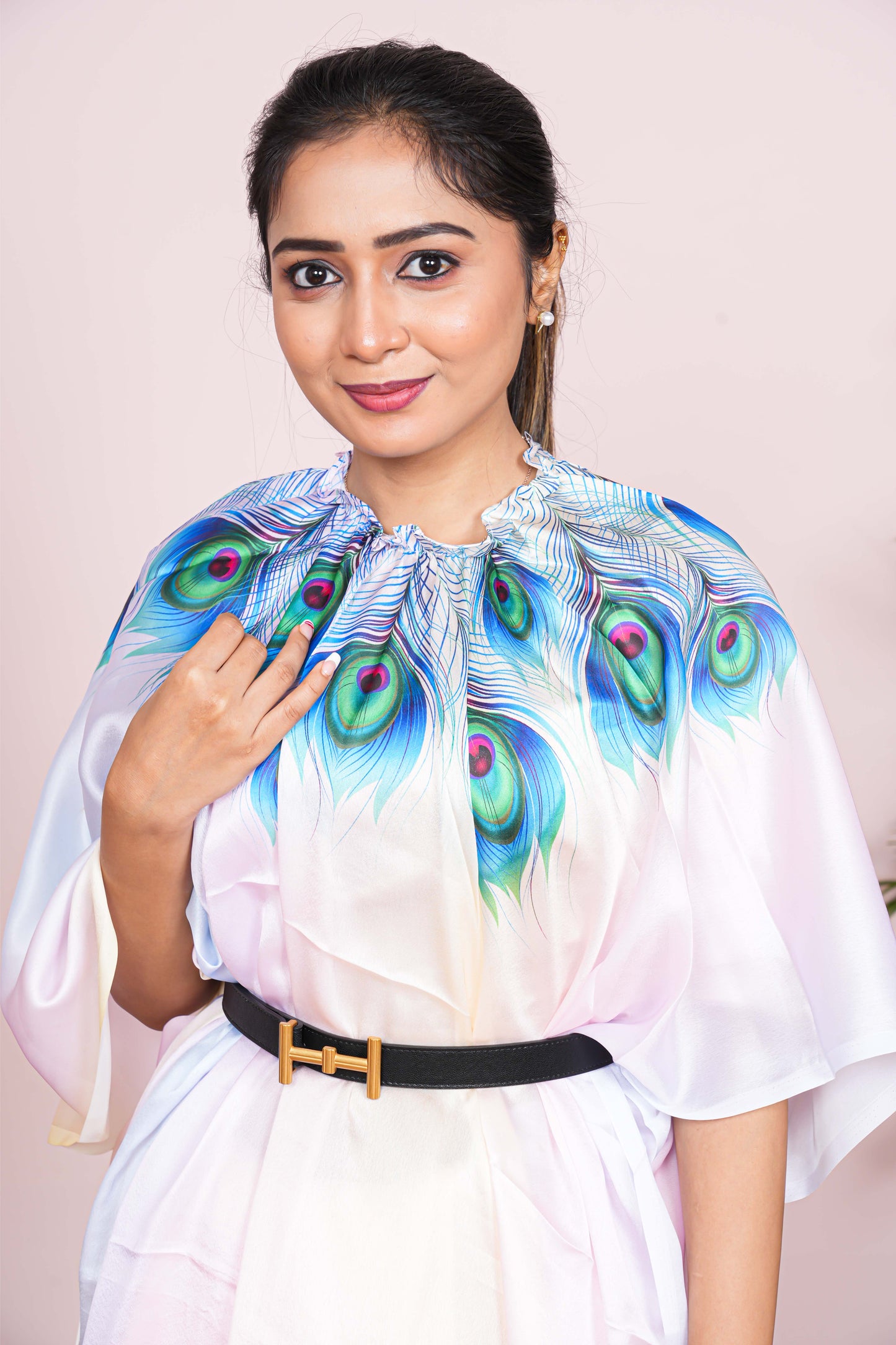 WHITE SAREE WITH BLUE PEACOCK FEATHER