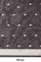 Black Munga Cotton Floral Motifs Weaving Across The Body With Gold Zari Stripes Pallu Along With Butta Design Blouse