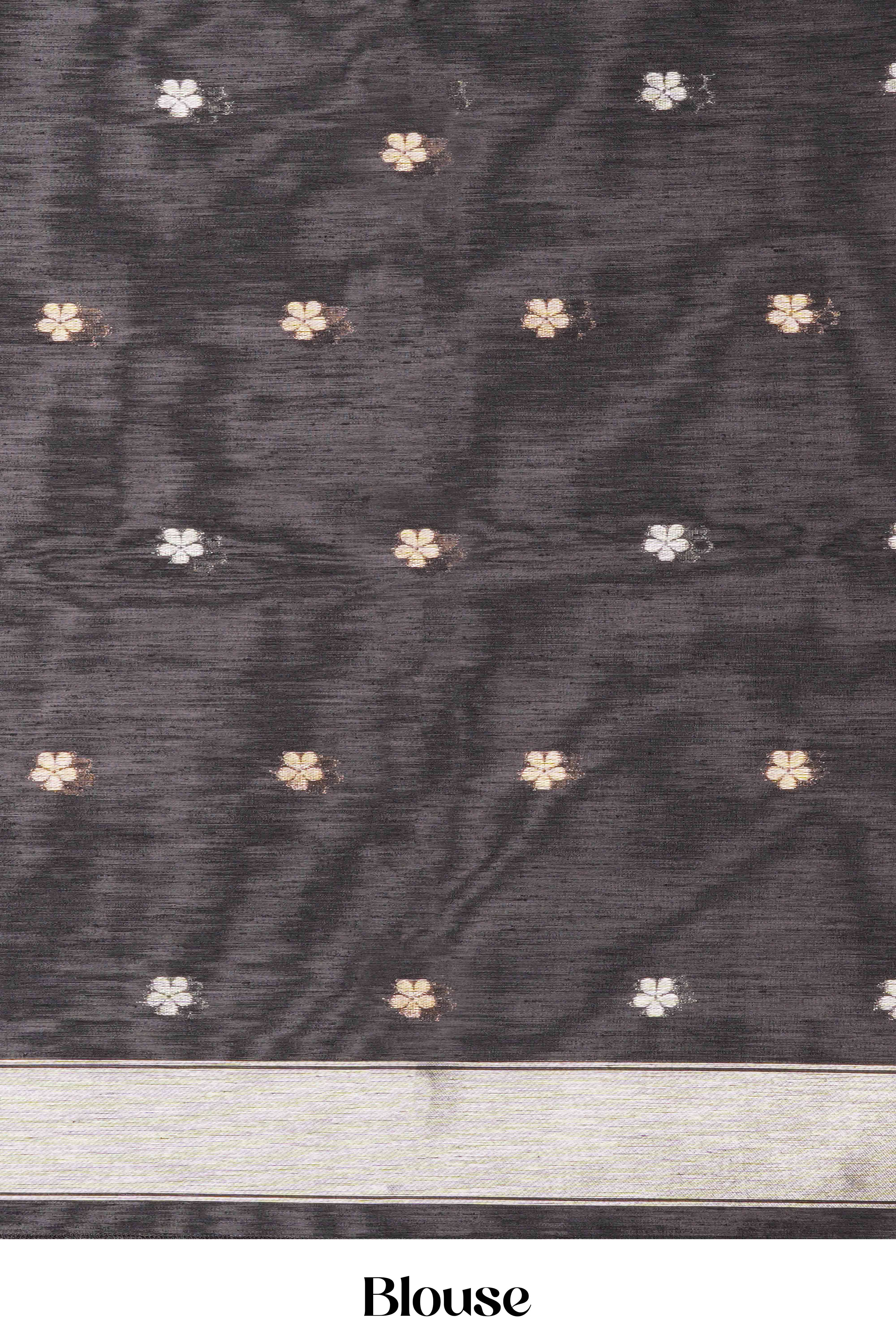 Black Munga Cotton Floral Motifs Weaving Across The Body With Gold Zari Stripes Pallu Along With Butta Design Blouse