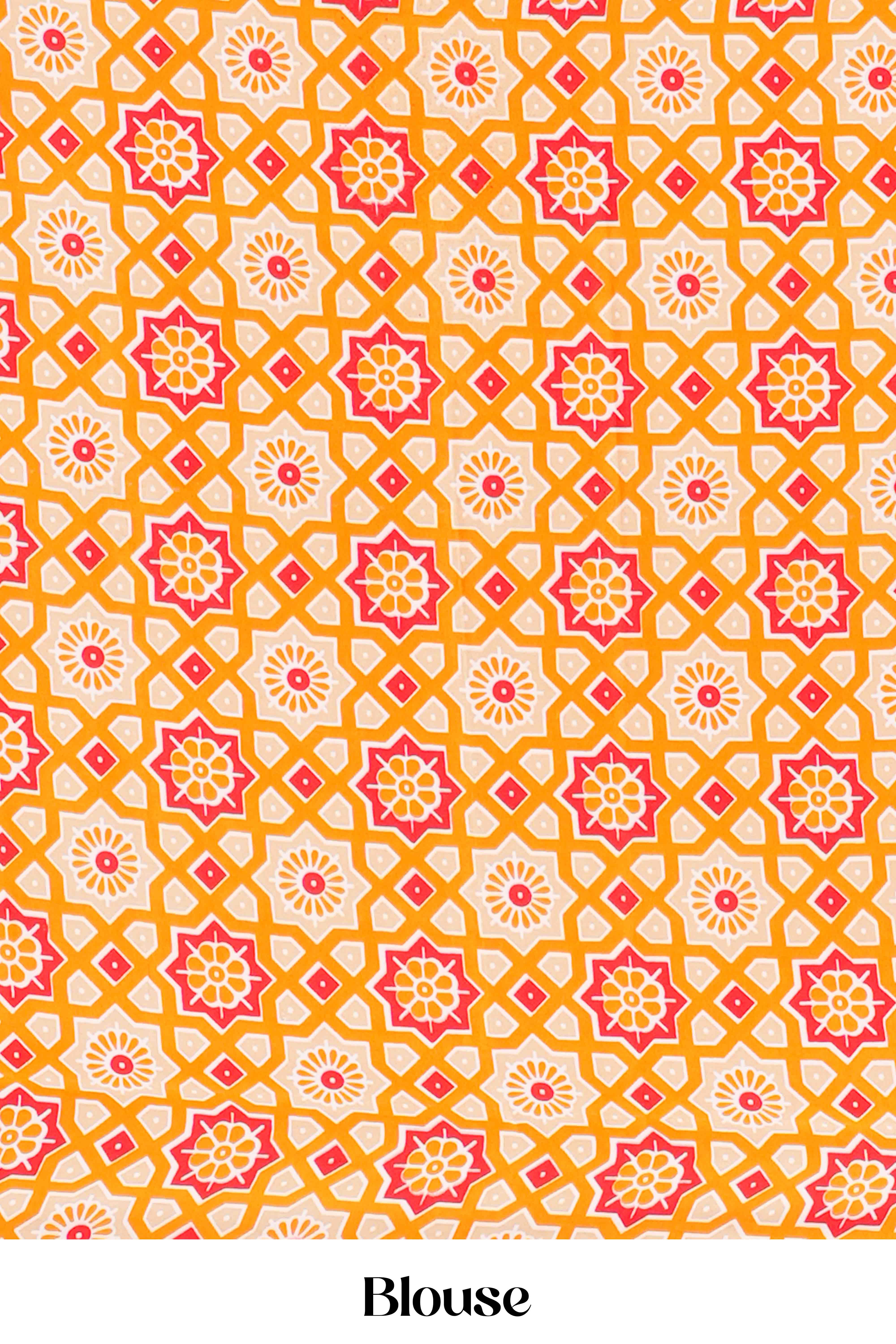Vibrant Yellow Modal Silk Saree The Body Has Fine Vertical White Stripes The Border Are Highlighted Pichwai Design Along With Ajrakh Printed Blouse