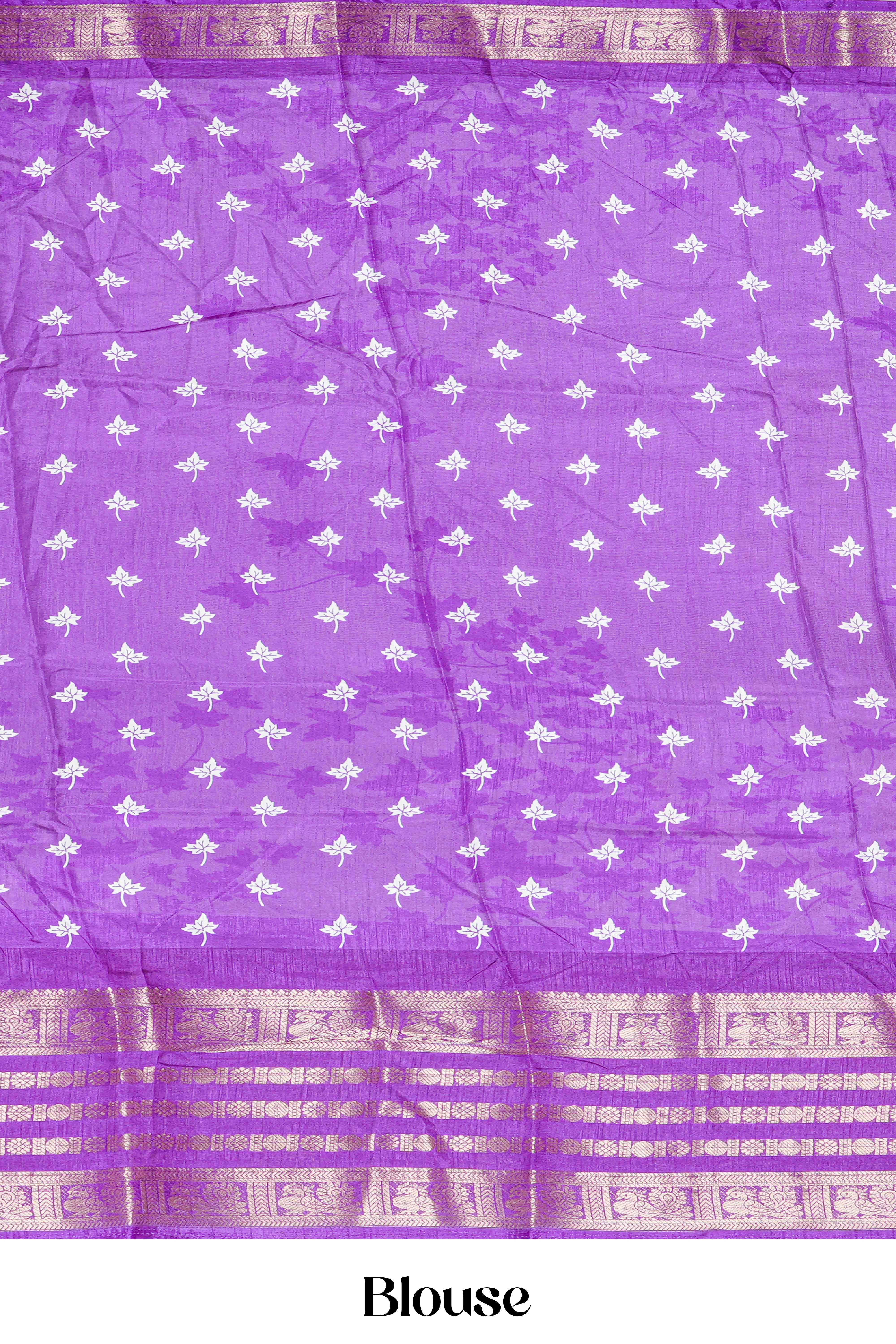 White Dola Silk Saree Leaf Motifs Across The Body With Golden Zari Weaving Border Along With Contrast Blouse