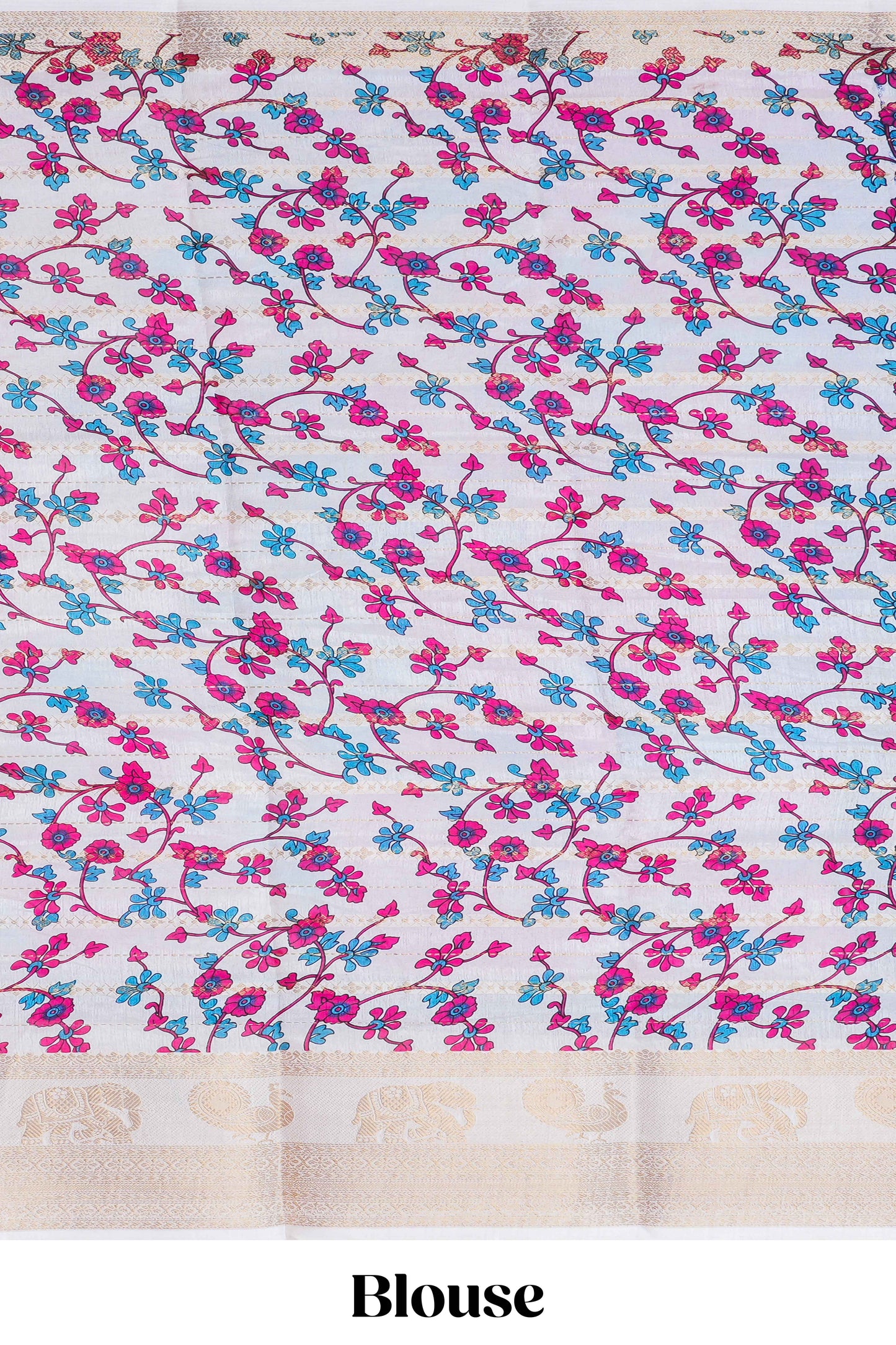 dolo silk saree with tie and dye abstract print all over body with kanchipuram border and rajastani village art pallu and floral print blouse