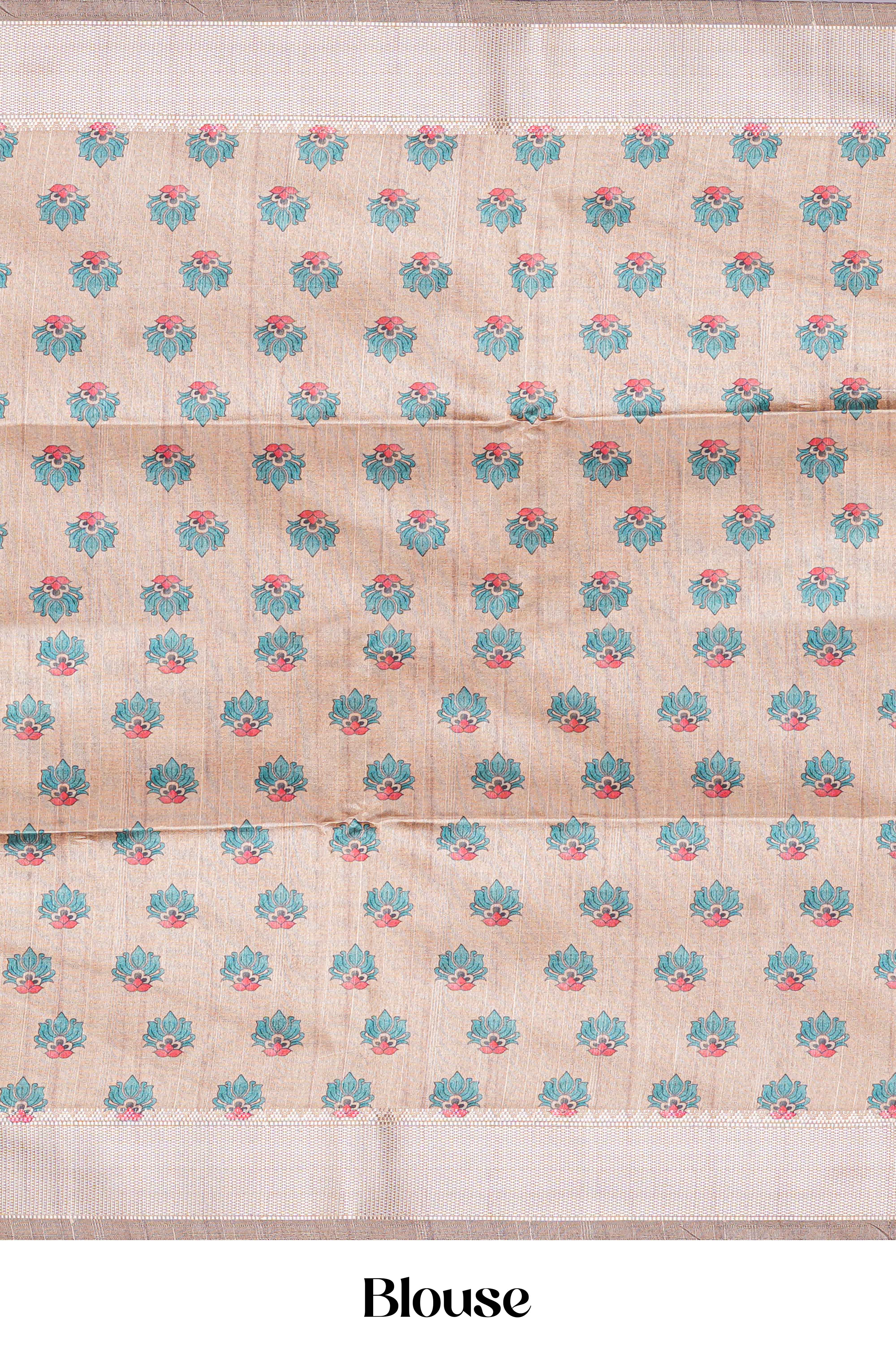 Chappa Tussar Saree Body Plain With Kalamkari Print Pallu Along With Flower Motifs Blouse