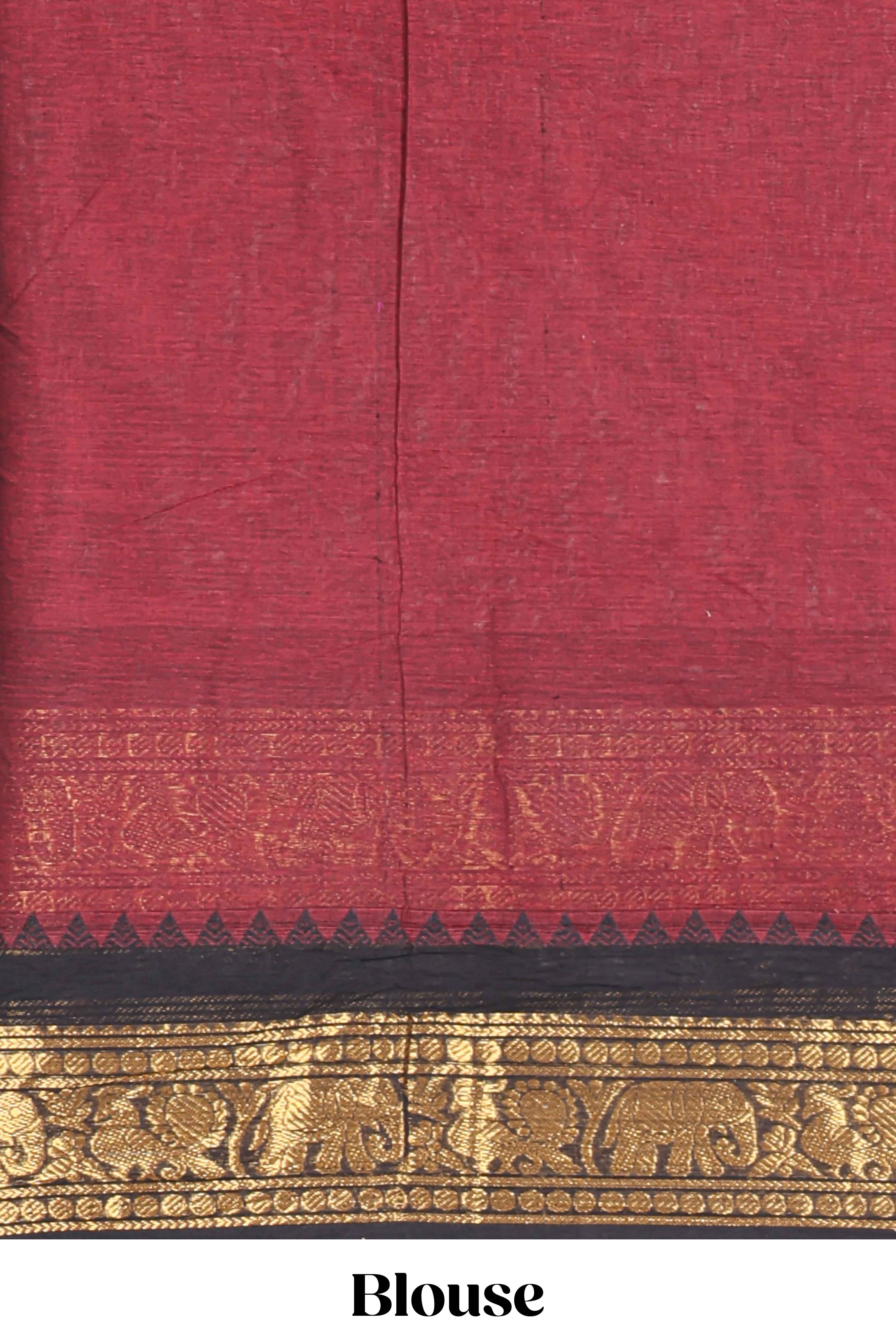 Red plain chettinad cotton saree with contrast zari border and matching blouse