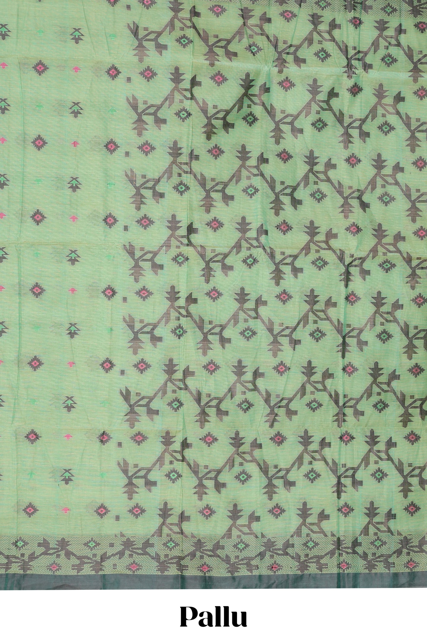 Green geometric pattern small butta bengal cotton saree with contrast border and matching pallu