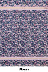 Pink silk cotton kalamkari floral print saree with contrast floral printed border and pallu