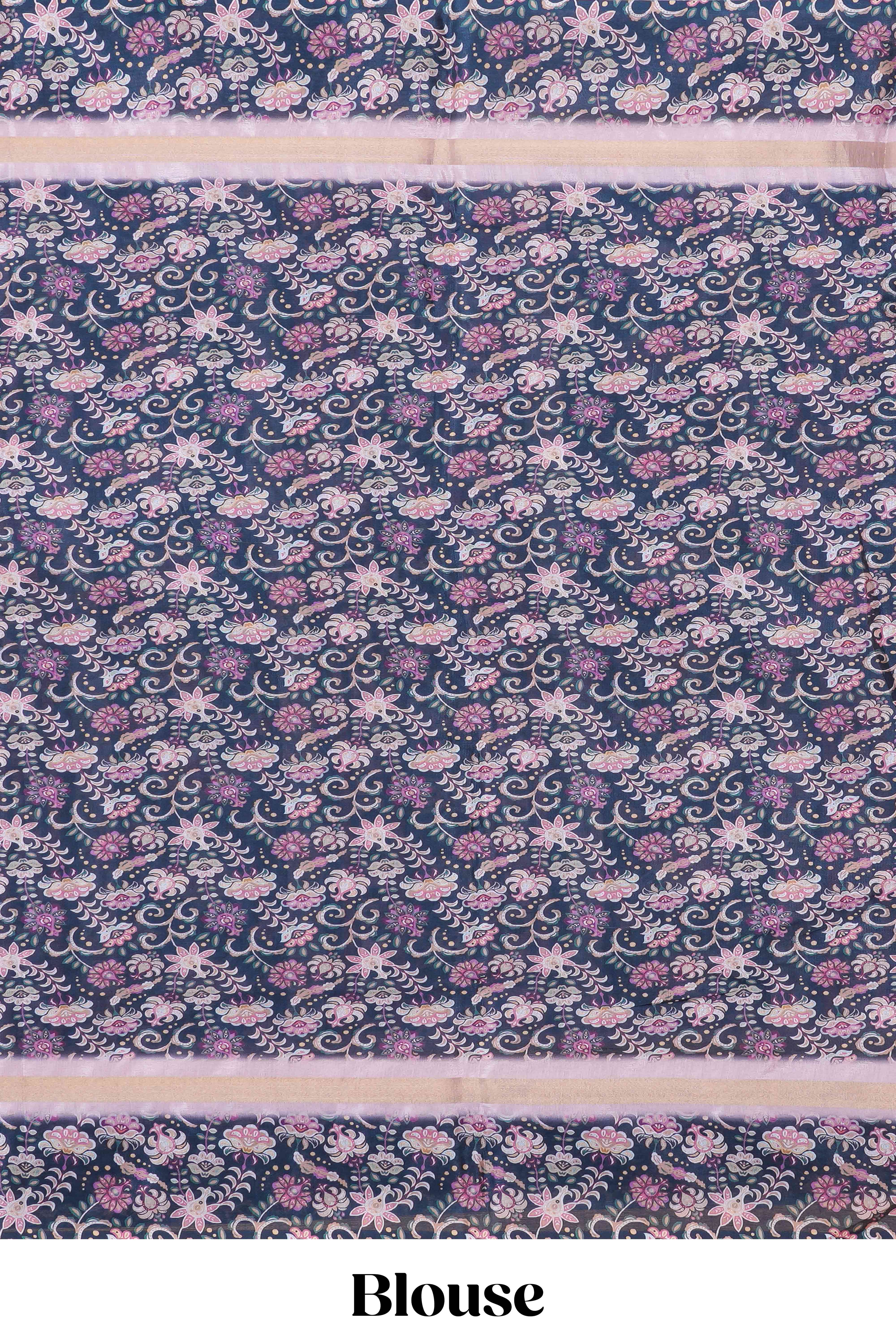 Pink silk cotton kalamkari floral print saree with contrast floral printed border and pallu
