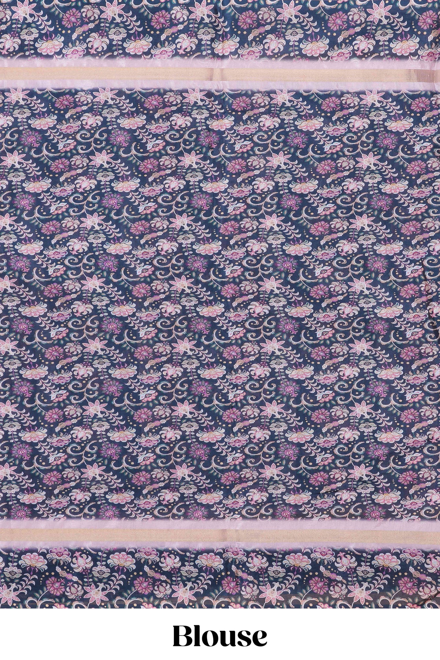 Pink silk cotton kalamkari floral print saree with contrast floral printed border and pallu