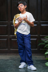 Boys Yellow & White Striped Cotton Shirt with White Printed T-Shirt and Blue Cargo Jeans Set
