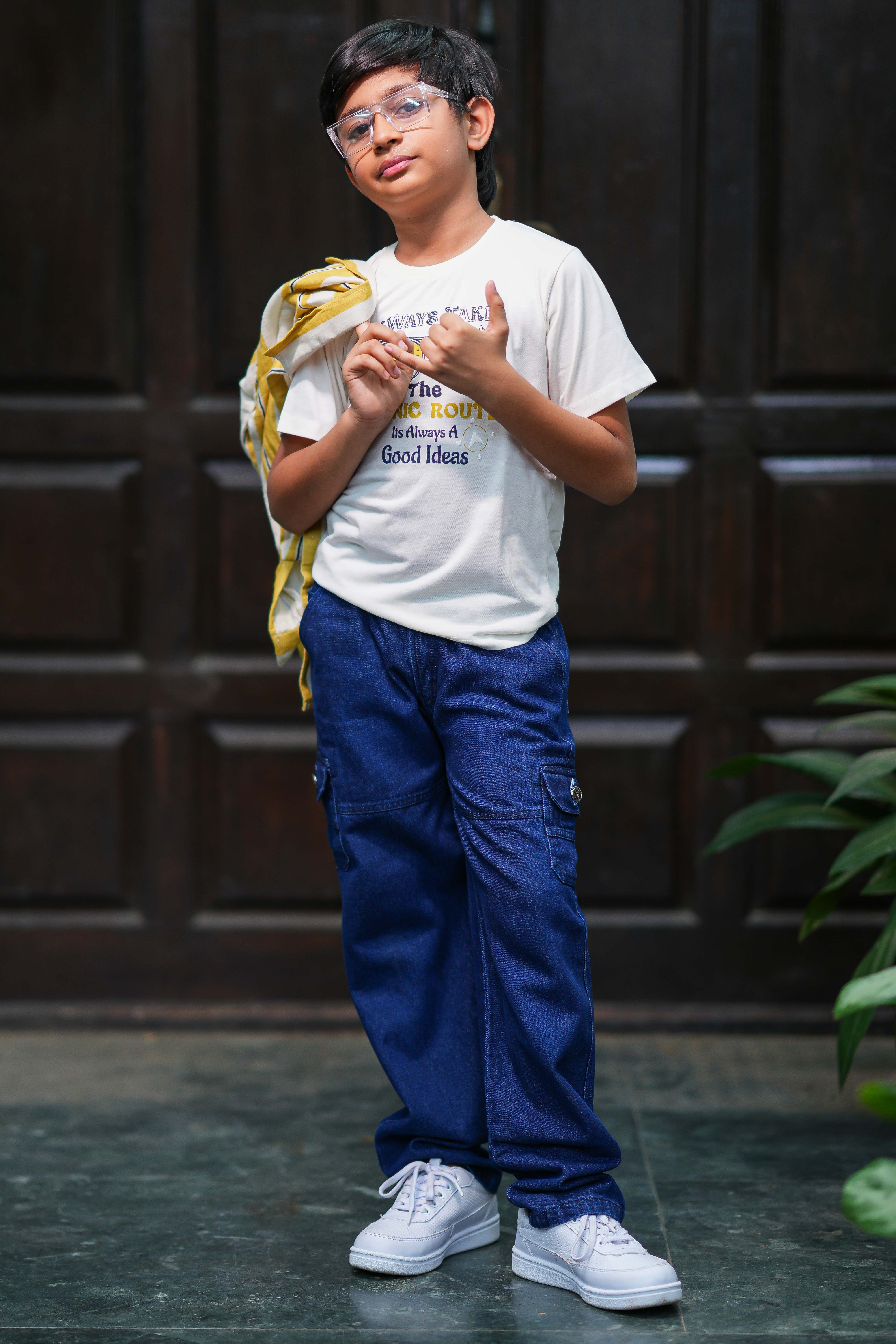 Boys Yellow & White Striped Cotton Shirt with White Printed T-Shirt and Blue Cargo Jeans Set