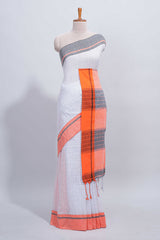 White checked south cotton saree with contrast border and matching striped pallu