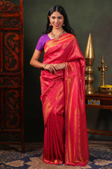 Pink colour Semi Soft Silk Saree with intricate gold zari Leaf vine weaving patterns and Rich zari woven pallu with Matching blouse