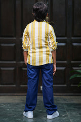 Boys Yellow & White Striped Cotton Shirt with White Printed T-Shirt and Blue Cargo Jeans Set
