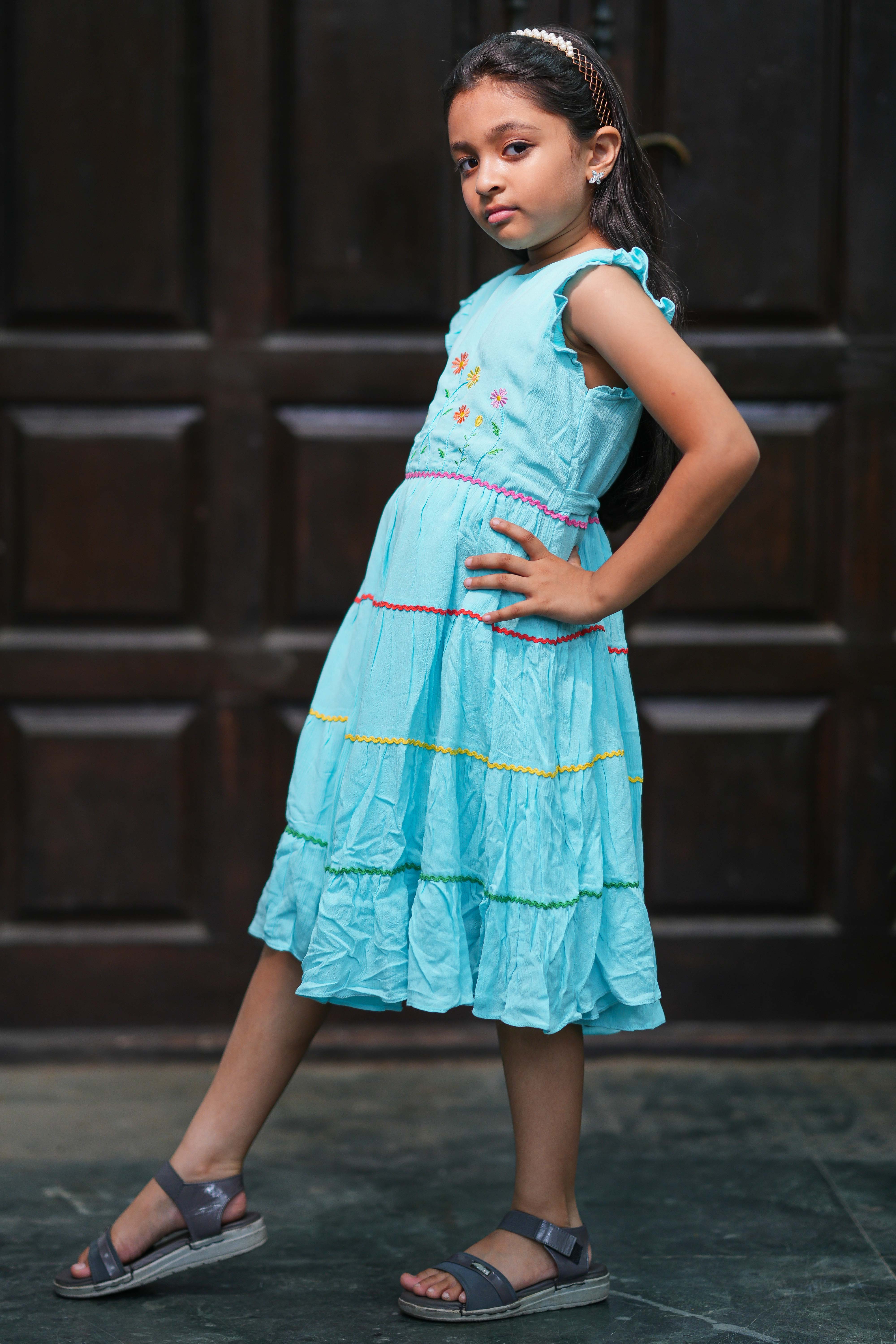 Girls Sky Blue Embroidered Tiered Dress with Multi-Color Lace Trim