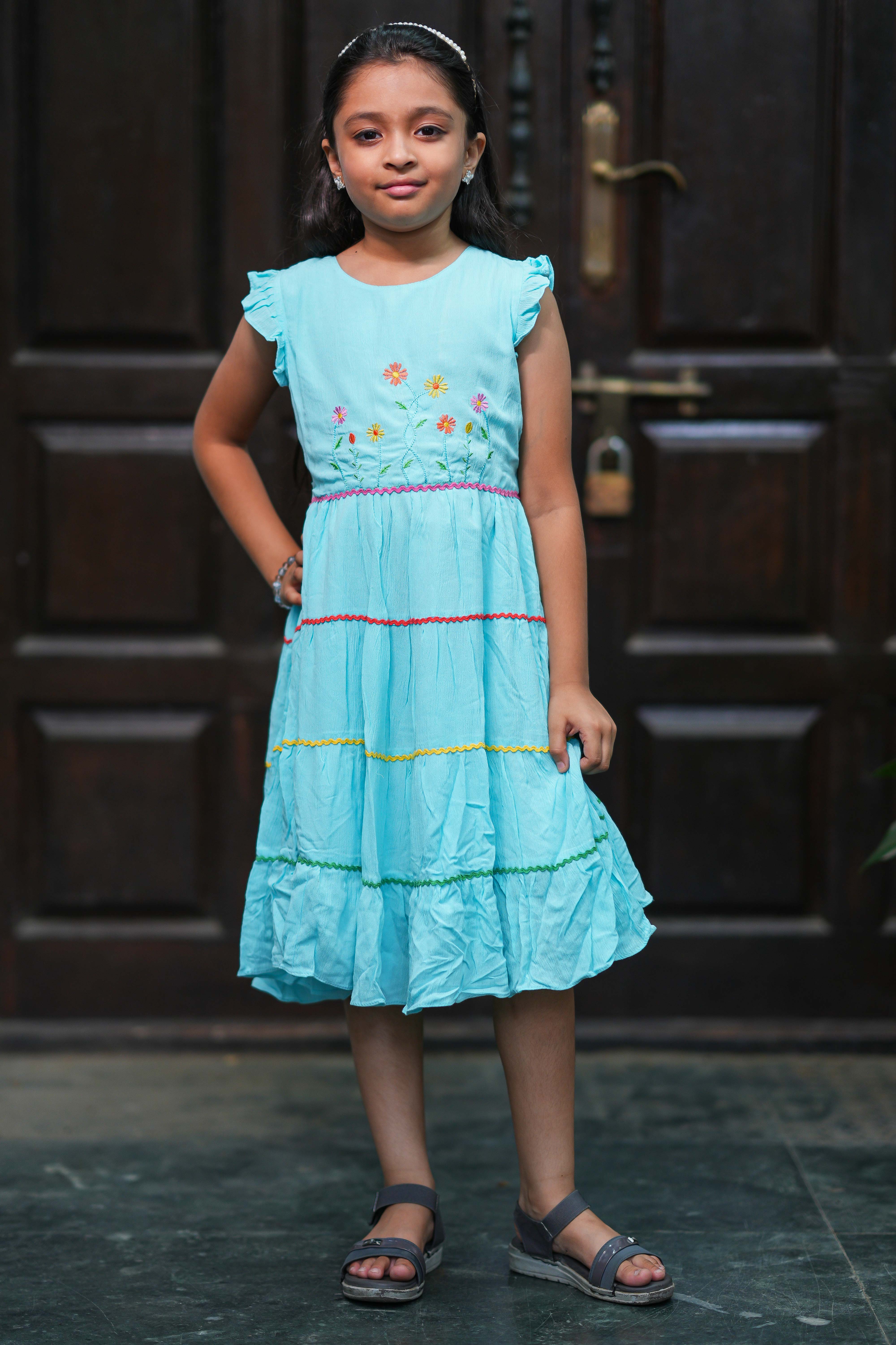 Girls Sky Blue Embroidered Tiered Dress with Multi-Color Lace Trim