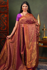 Maroon colour Semi Soft Silk Saree with intricate gold zari Leaf vine weaving patterns and Rich zari woven pallu with Matching blouse