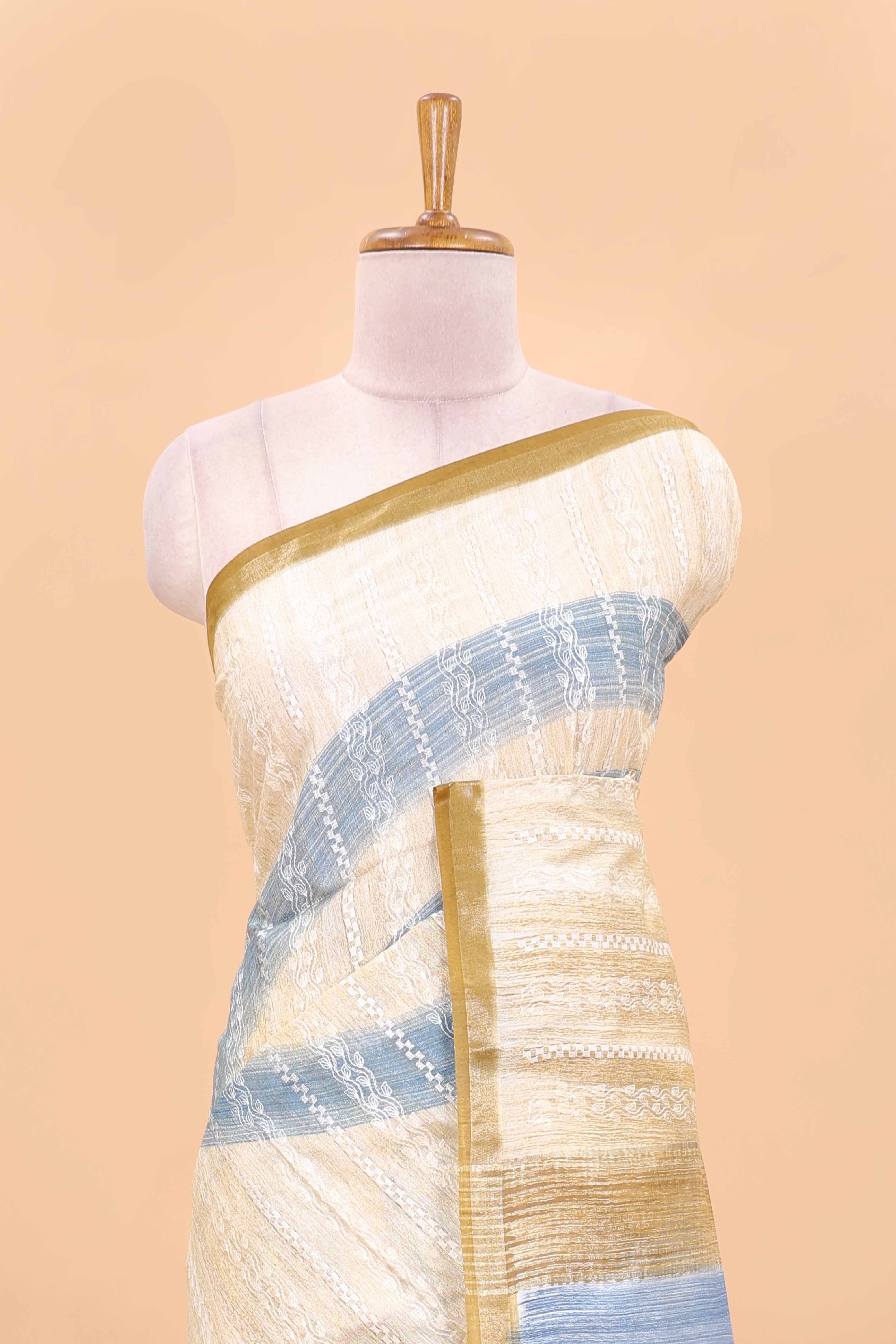 Sandal thread work stripes chikankari cotton saree with pallu and blouse