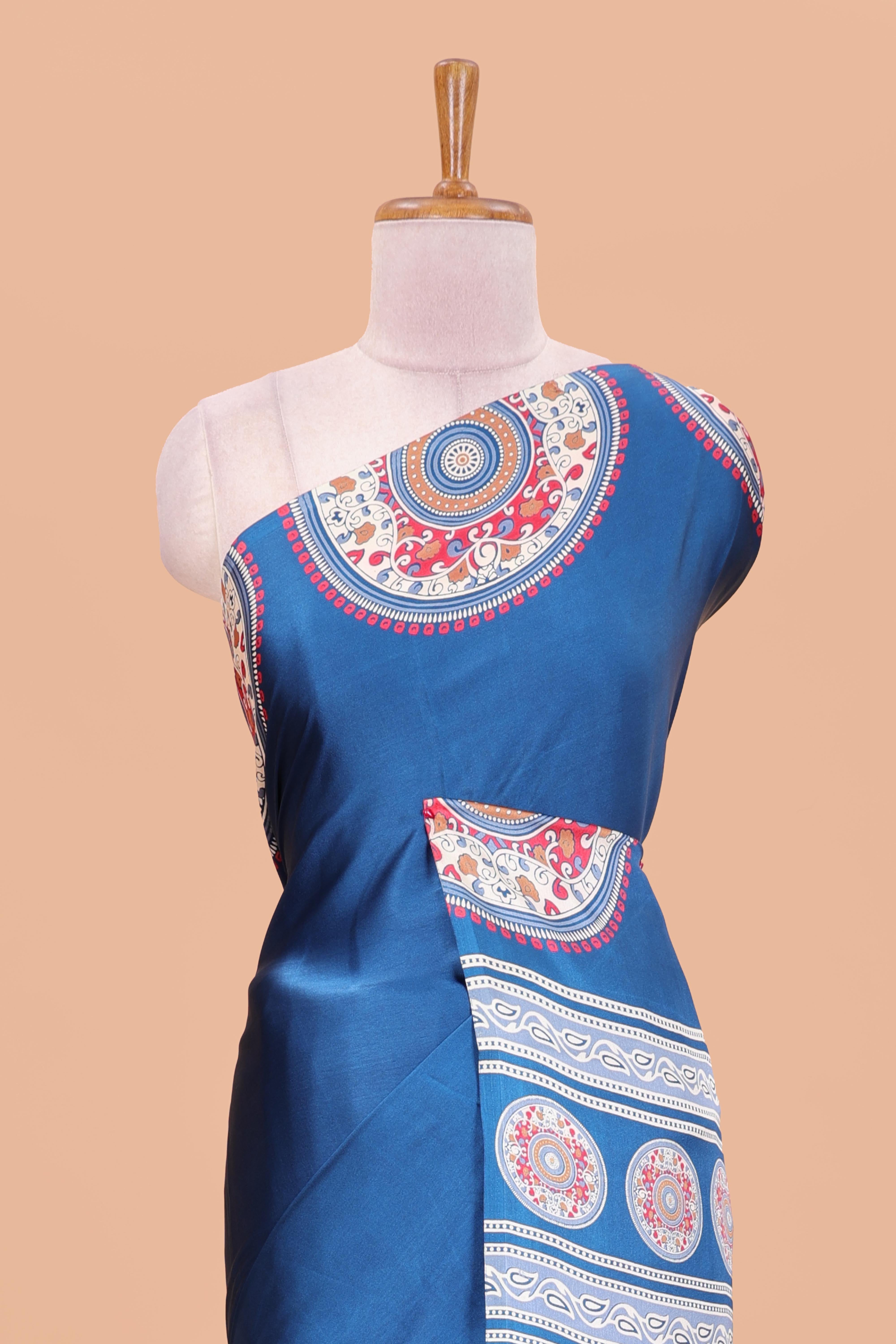 Blue color satin ajrakh modal printed saree with plain border and kalamkari print pallu
