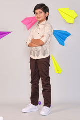 Two Piece Kids Party Wear Outfit - Beige Leaf Embroidery Shirt & Black Chino Pants