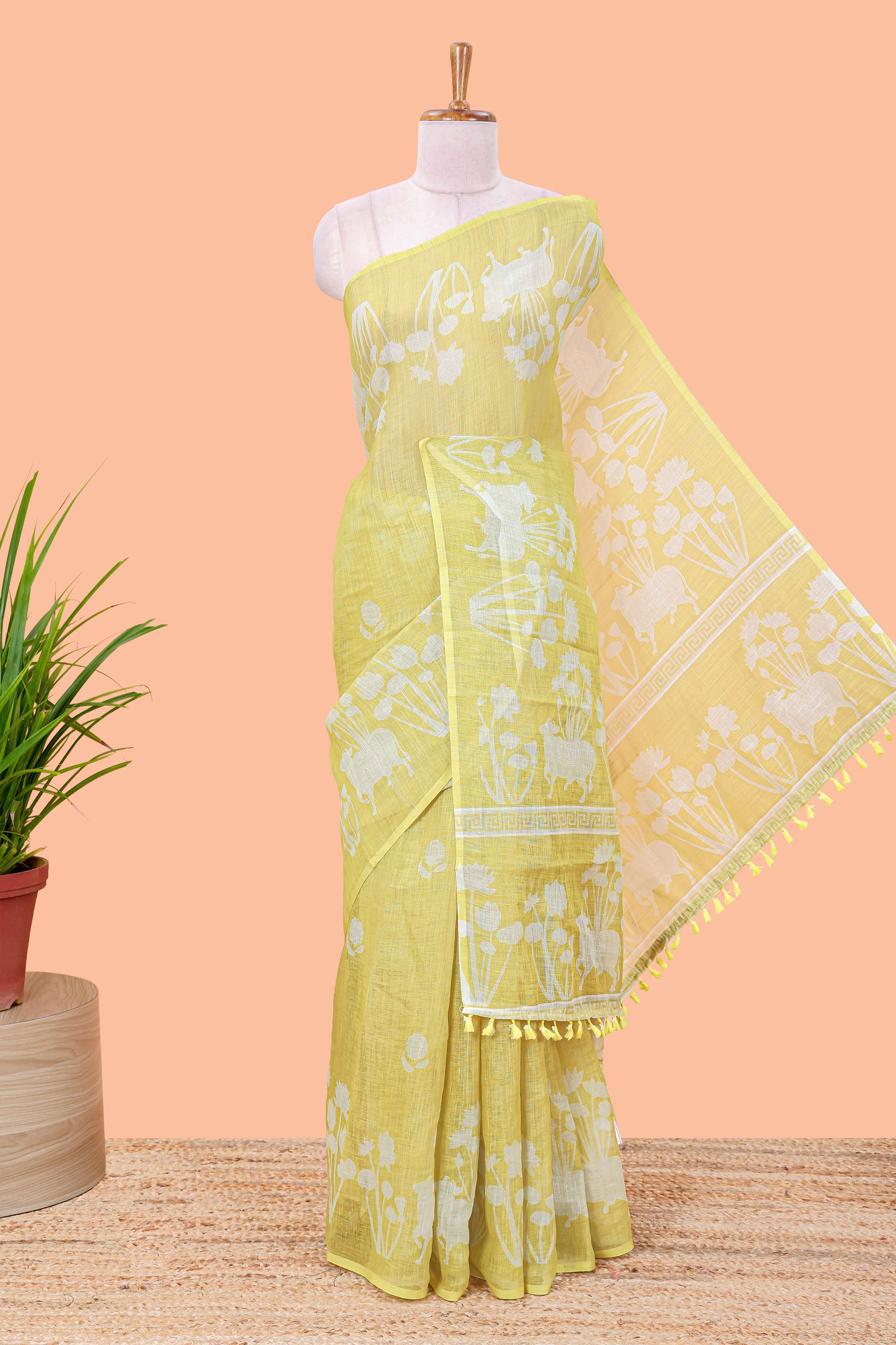 Lemon yellow Linen Cotton Body Flower Print With Border Pichwai and Lotus Flower Print and Printed Blouse