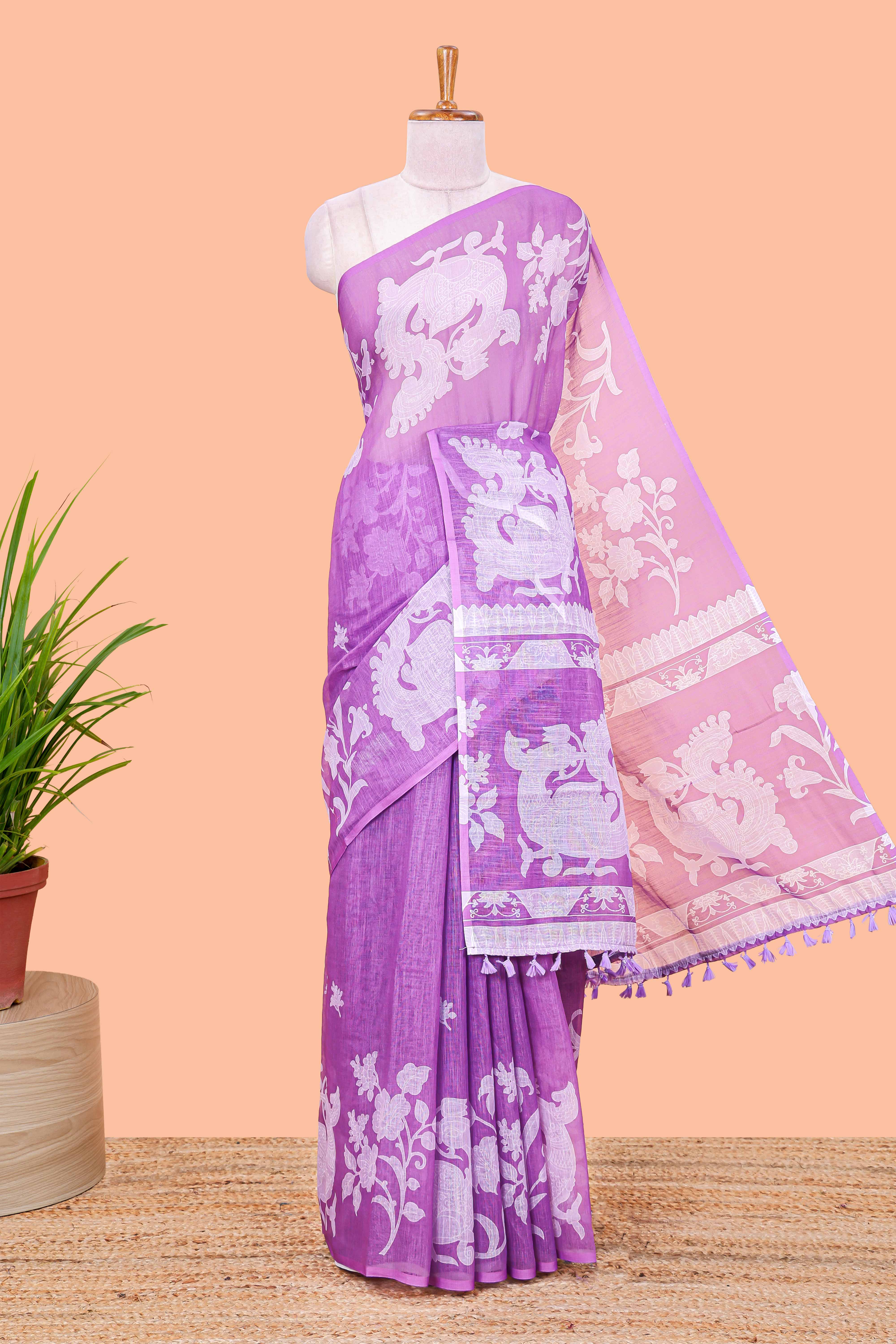 Lavender linen cotton floral and birds print saree with self border and matching printed blouse