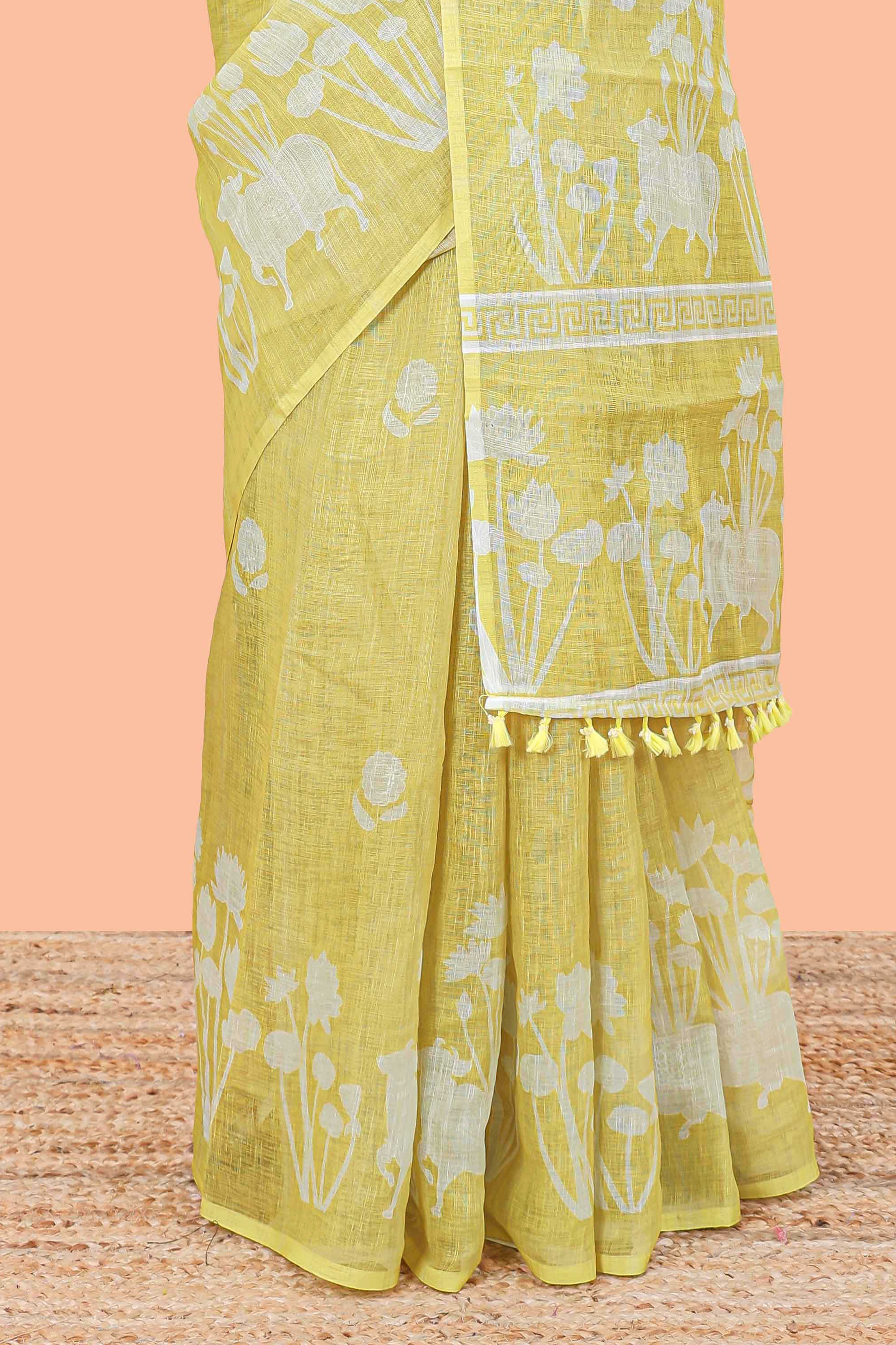 Lemon yellow Linen Cotton Body Flower Print With Border Pichwai and Lotus Flower Print and Printed Blouse