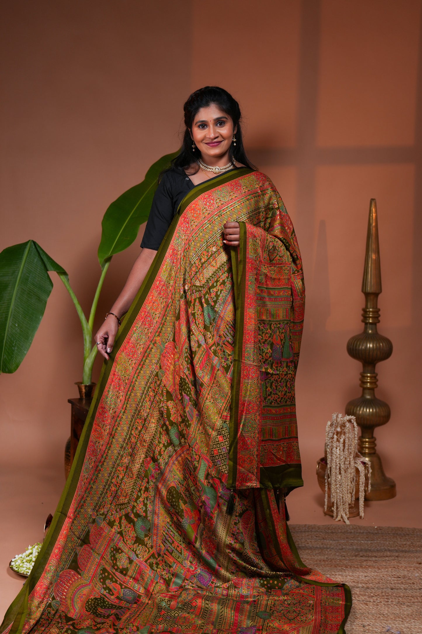 Olive green mughal style foil print georgette saree with self border and matching floral printed blouse