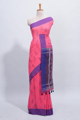 Pink ikkat style butta south cotton saree with contrast border and matching printed blouse