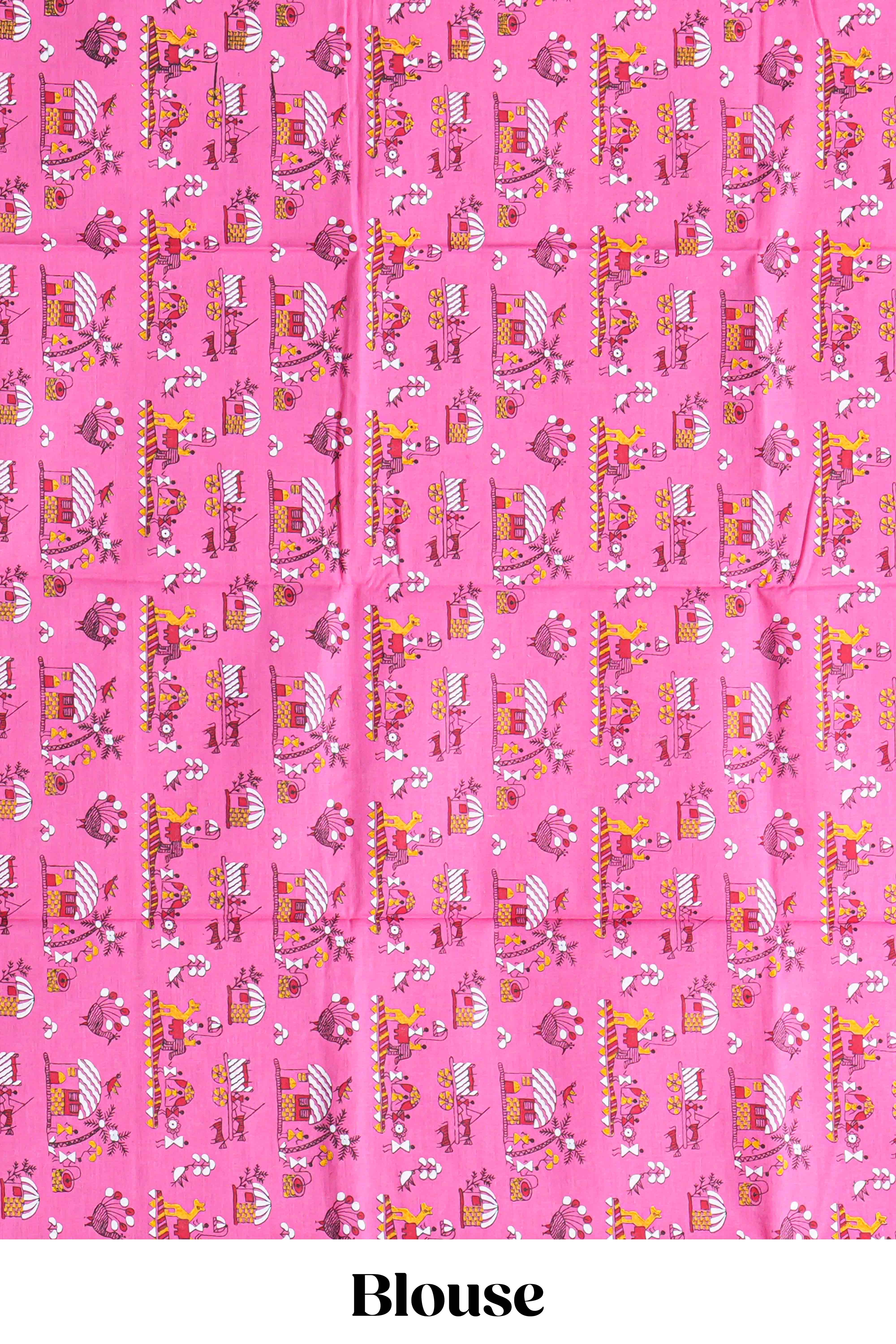 Pink ikkat style butta south cotton saree with contrast border and matching printed blouse