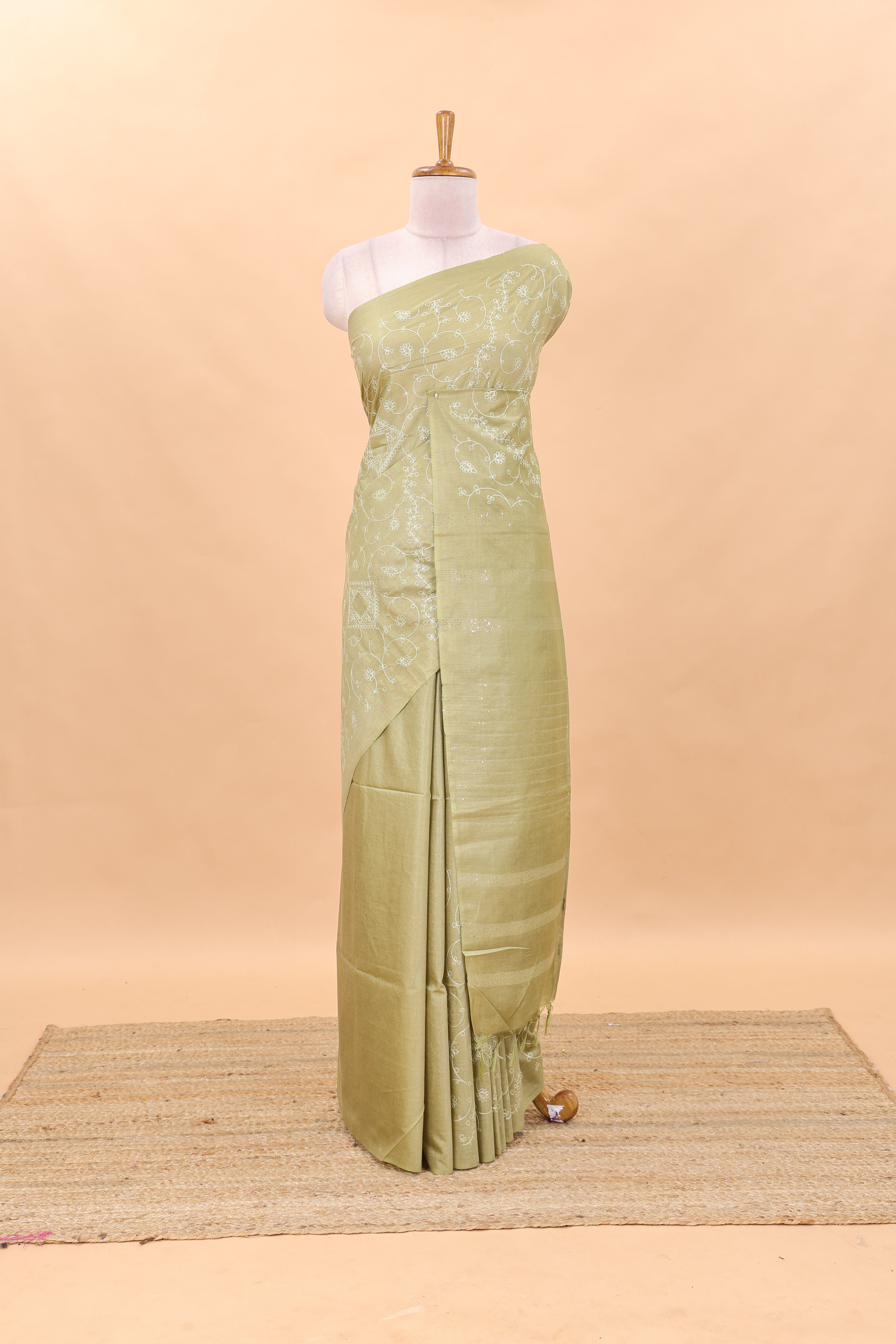 Borderless sandal geomentric floral vines chikankari cotton saree with stripes pallu