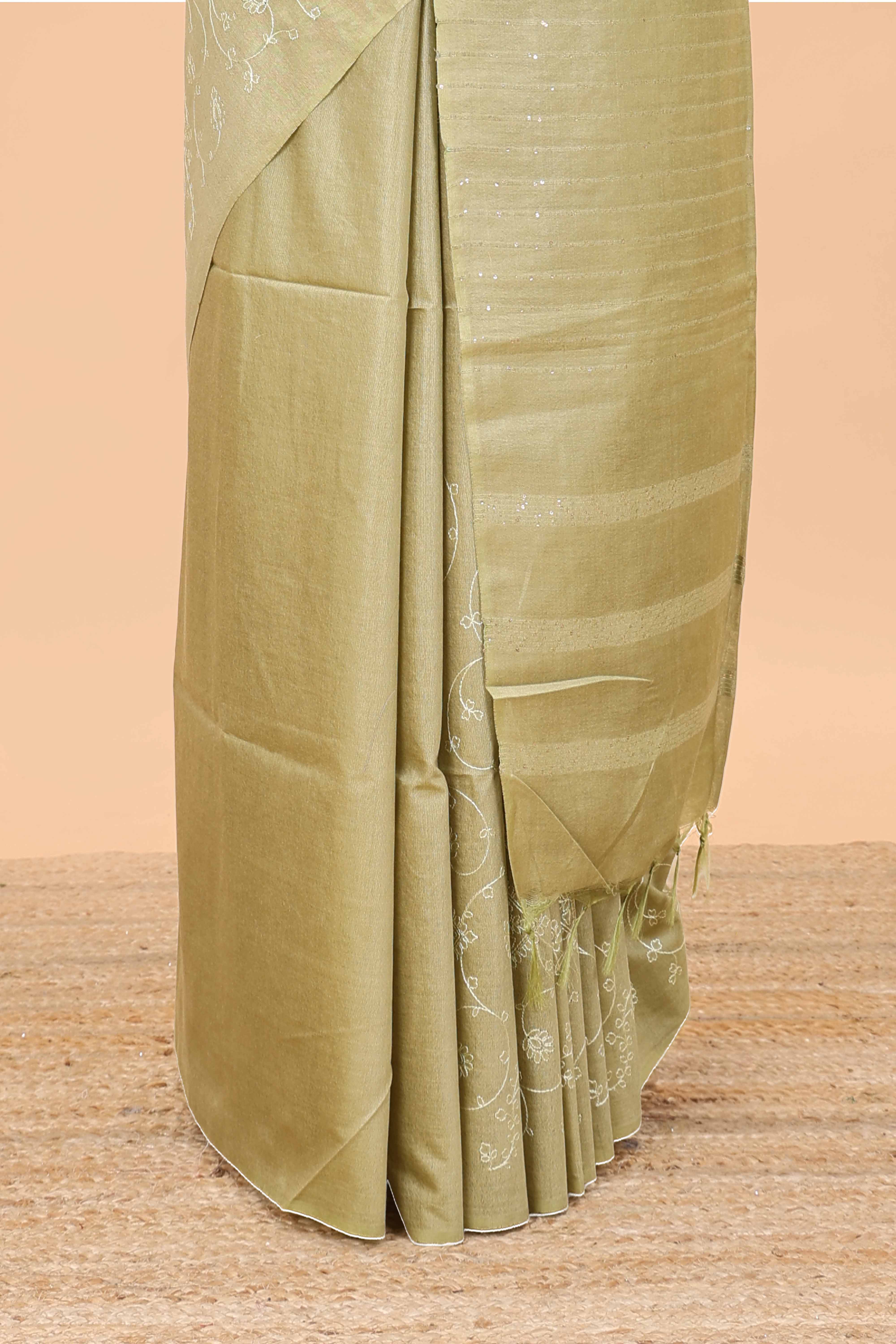 Borderless sandal geomentric floral vines chikankari cotton saree with stripes pallu