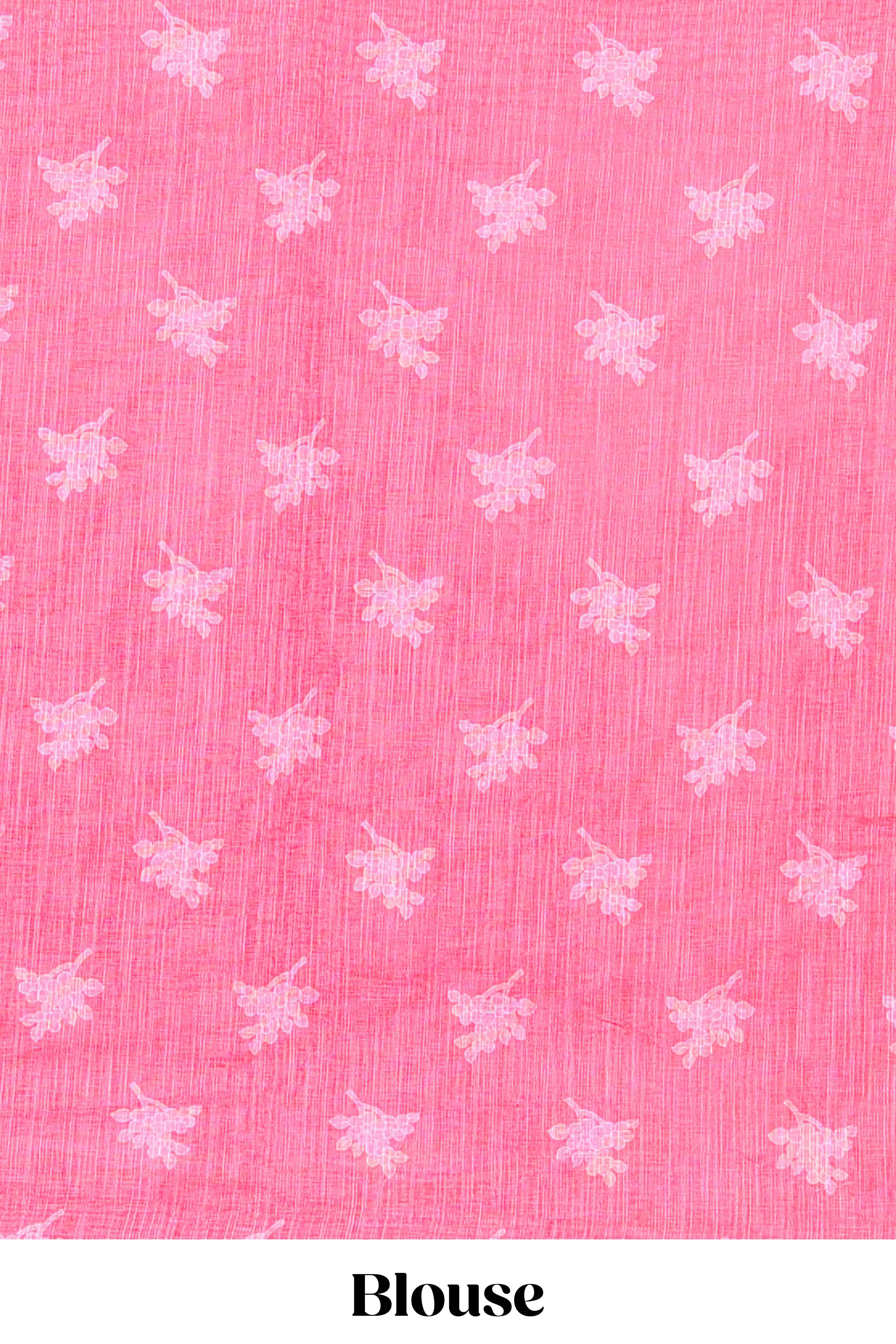 Red linen cotton floral and birds print saree with self border and matching printed blouse