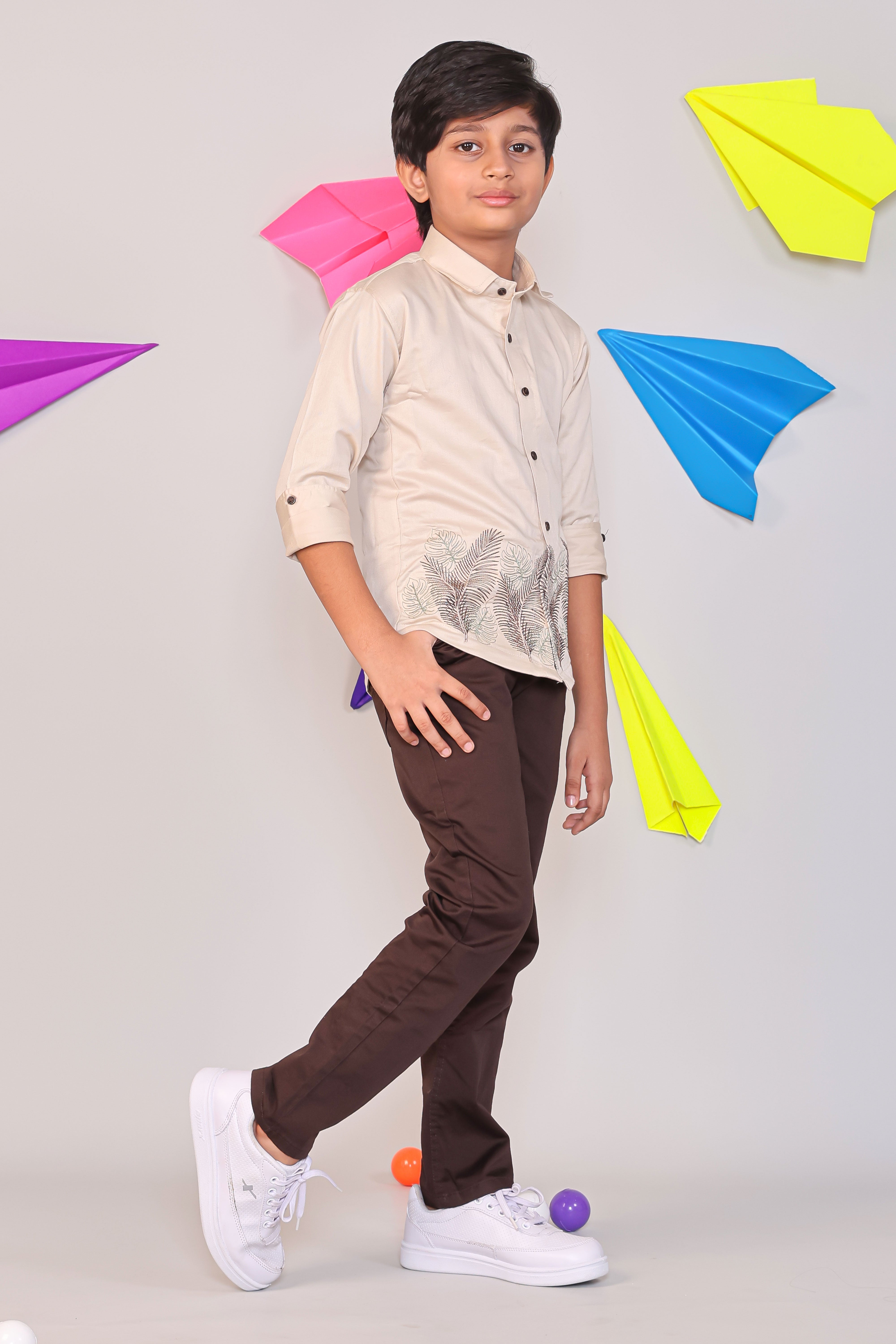 Two Piece Kids Party Wear Outfit - Beige Leaf Embroidery Shirt & Black Chino Pants