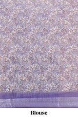 Lavender floral print linen cotton saree with contrast border and printed blouse
