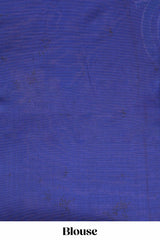 White and navy blue floral print litchi art silk saree with scallop print pallu