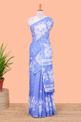 Blue linen cotton floral and birds print saree with self border and matching printed blouse